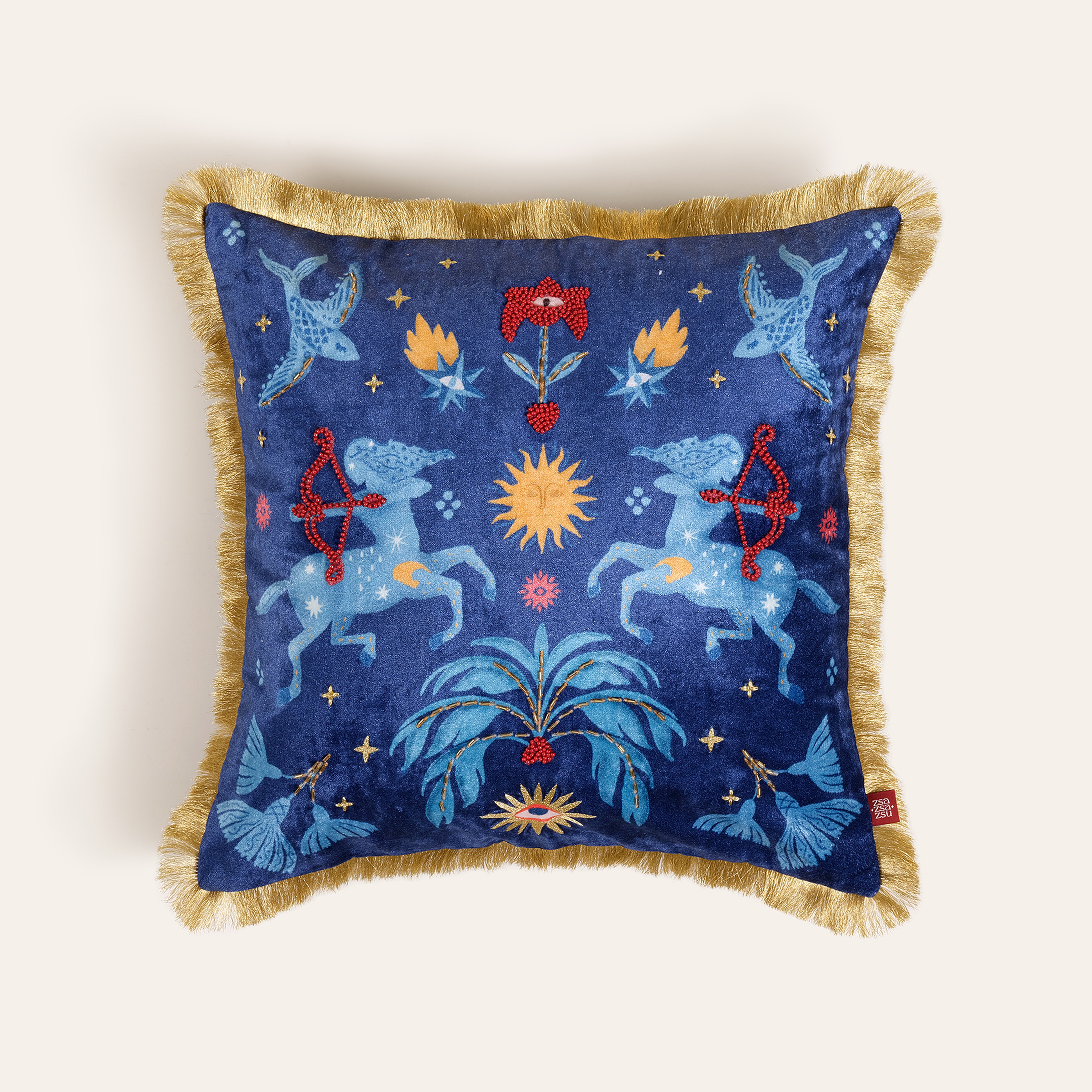 Ghunı Püsküllü Nakışlı Viskon Pamuk Kadife Dolgulu Kırlent 50x50 Cm Mavi