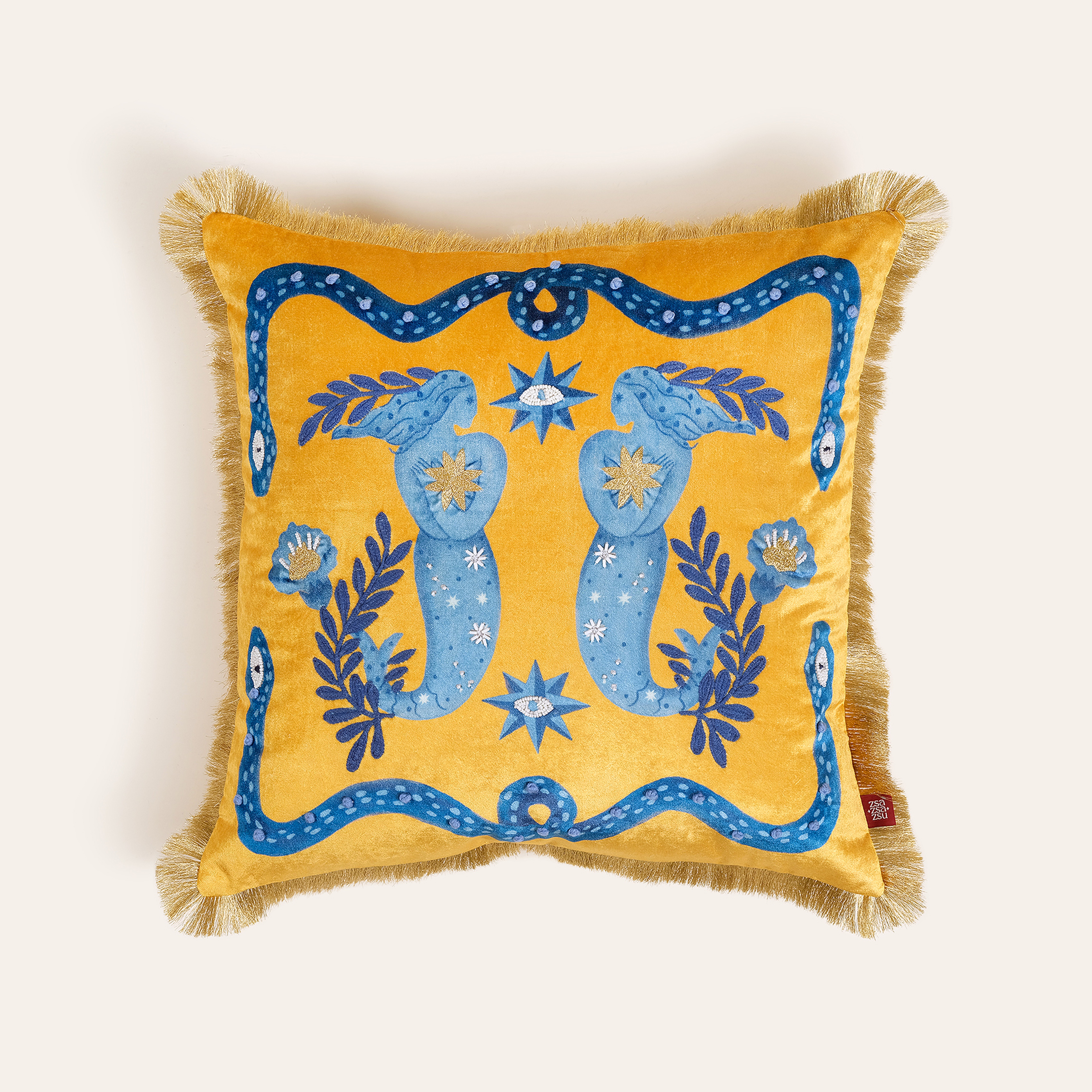 Ghunı Püsküllü Nakışlı Viskon Pamuk Kadife Dolgulu Kırlent 50x50 Cm Sarı