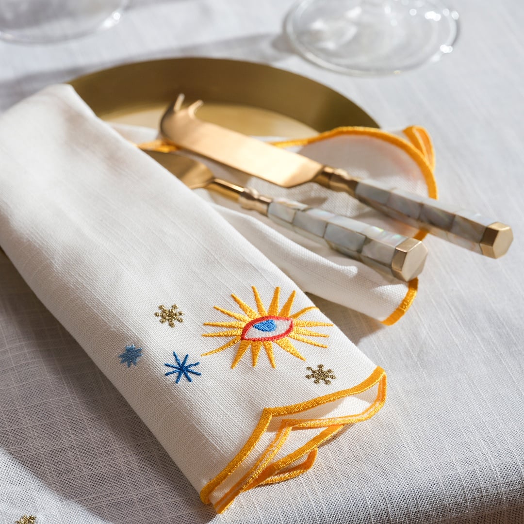 Nilüfer Overloklu Nakışlı Pamuk Peçete 45x45 Cm Ekru