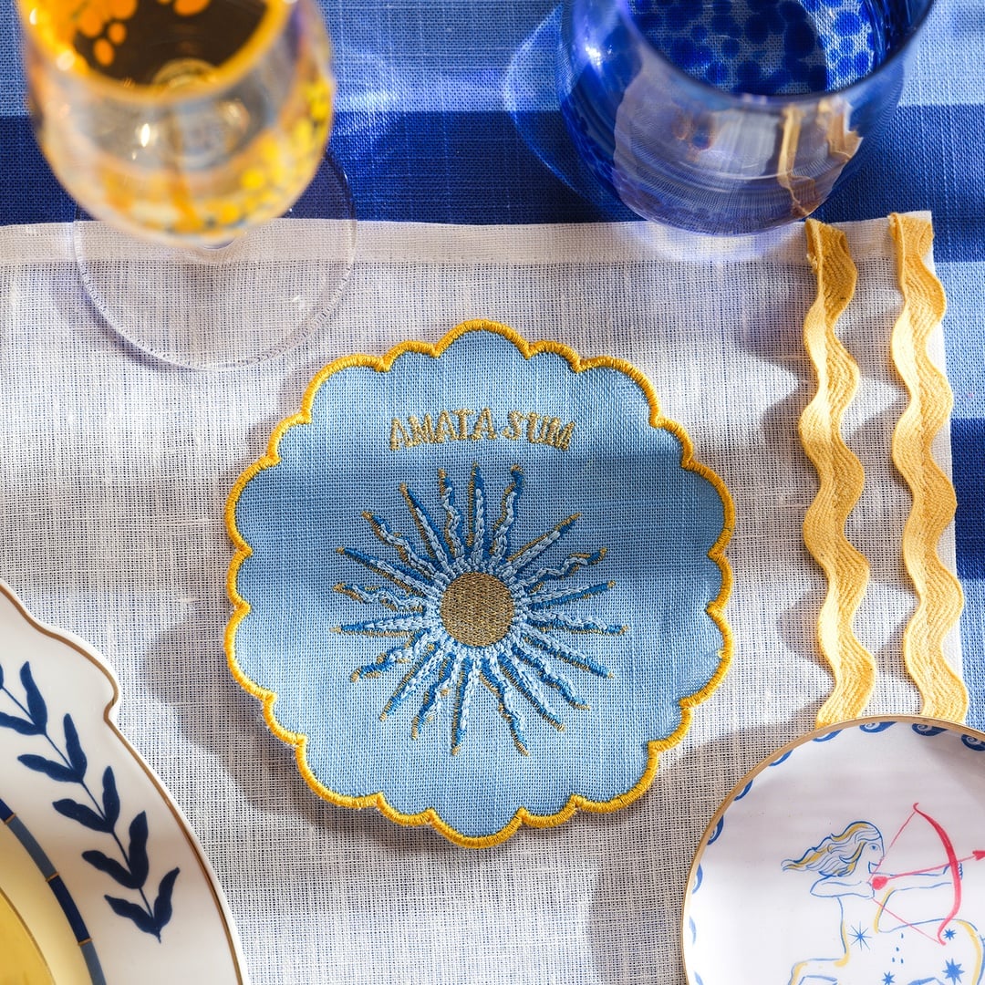 Nilüfer Dijital Baskılı Overloklu Nakışlı Pamuk Bardak Altlığı 13x13 Cm Açık Mavi - Koyu Mavi