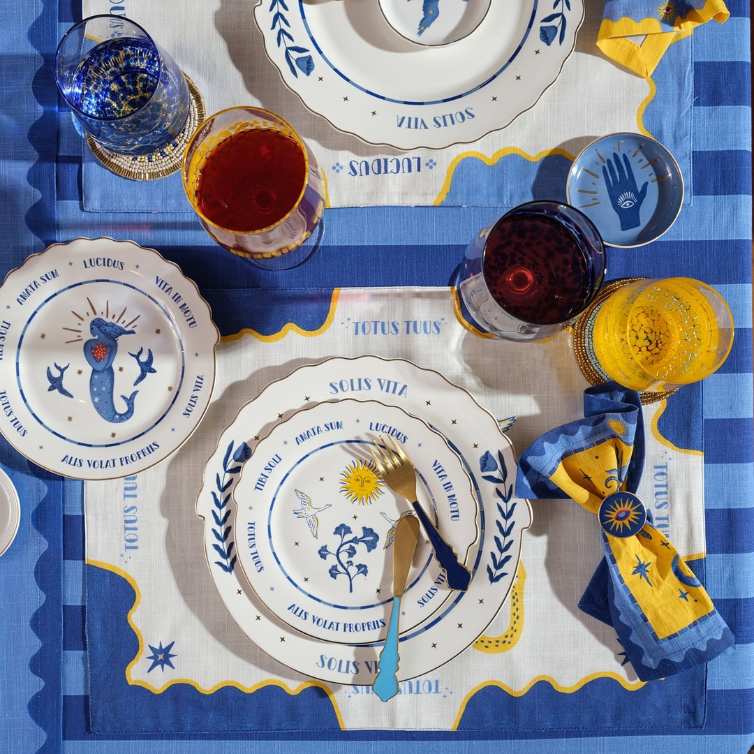 Nilüfer Dijital Baskılı Nakışlı Pamuk Amerikan Servis 35x50 Cm Ekru - Koyu Mavi