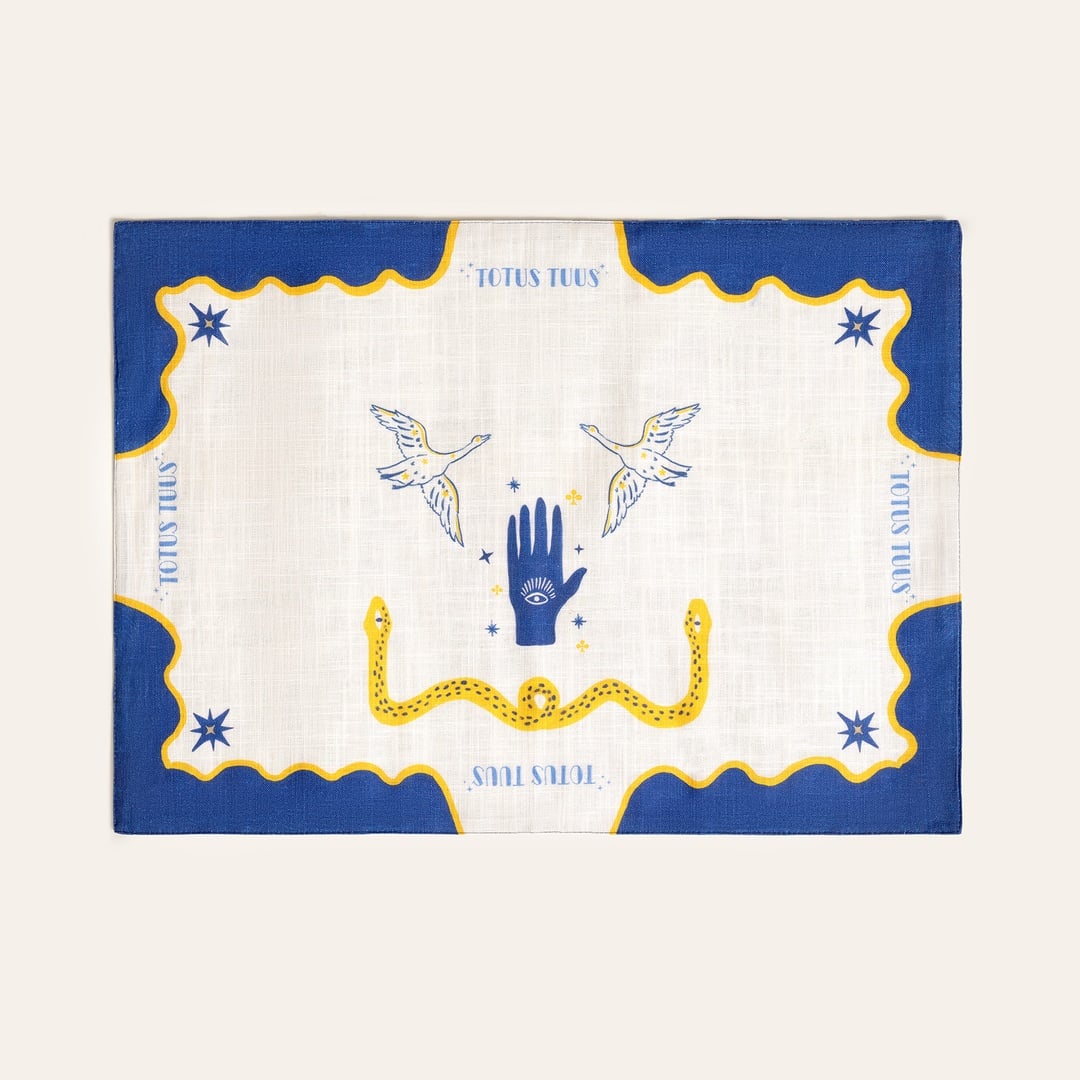 Nilüfer Dijital Baskılı Nakışlı Pamuk Amerikan Servis 35x50 Cm Ekru - Koyu Mavi