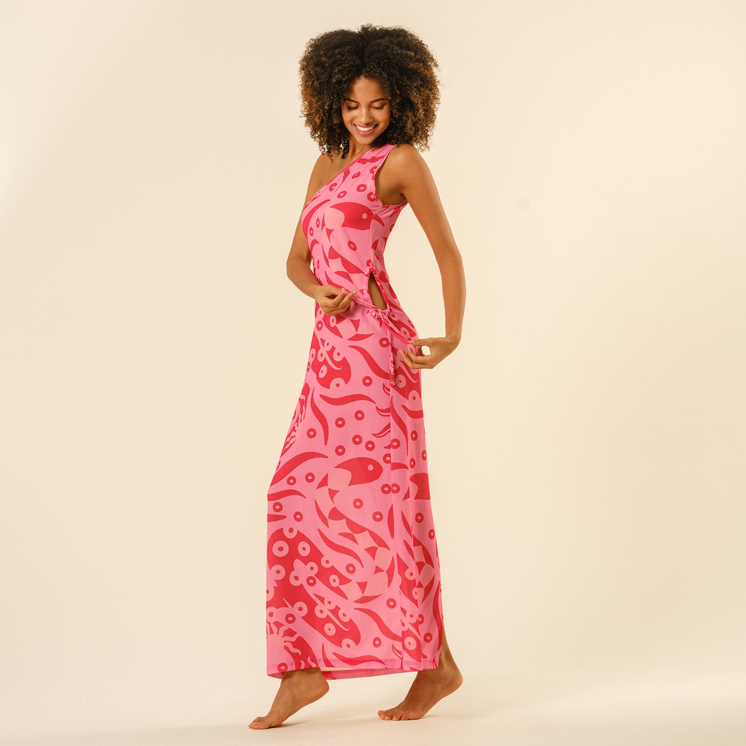 Protı Dijital Baskılı Asimetrik Elbise - Pembe