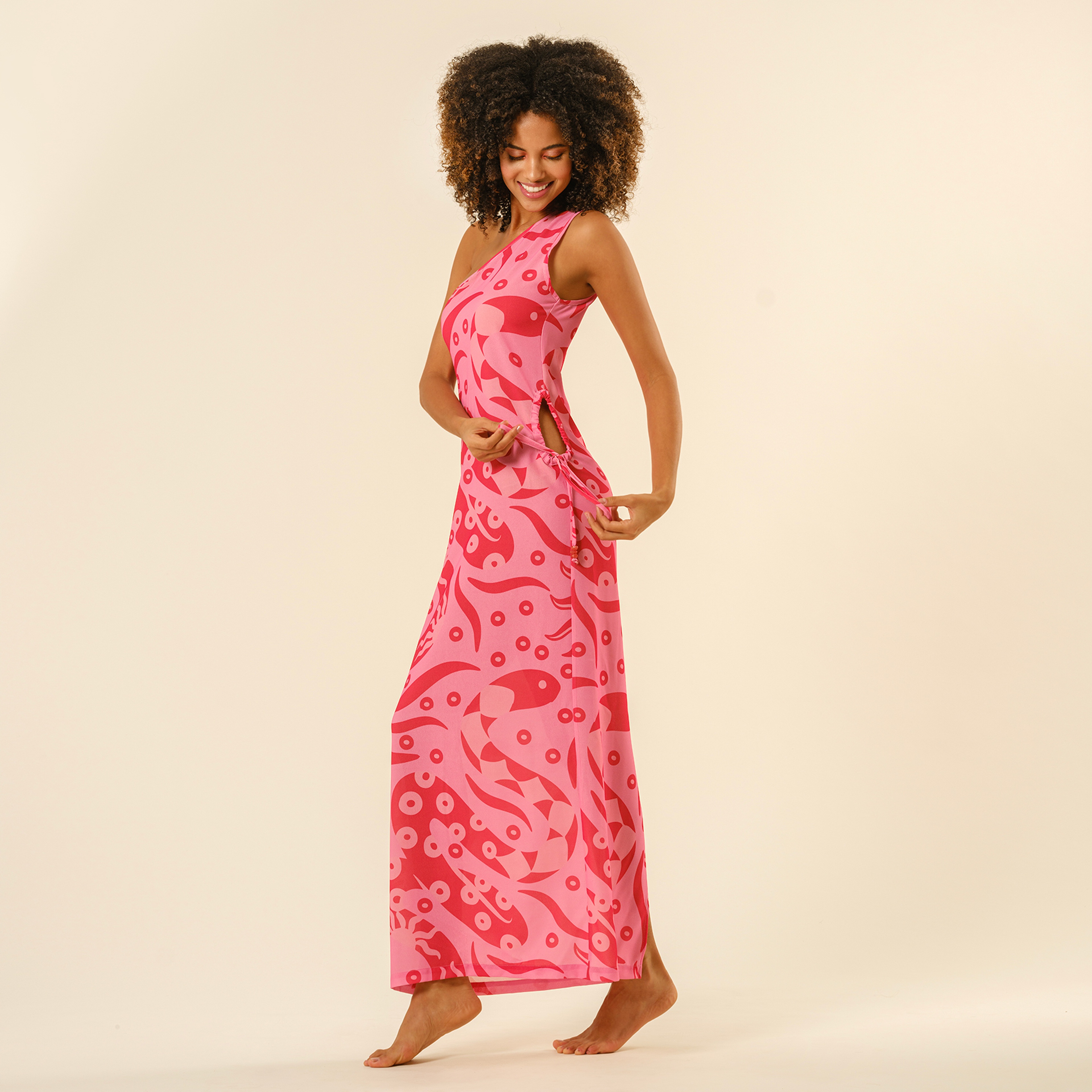 Protı Dijital Baskılı Asimetrik Elbise - Pembe