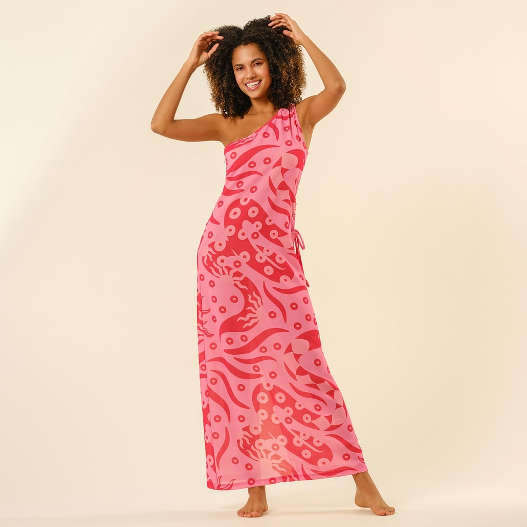 Protı Dijital Baskılı Asimetrik Elbise - Pembe