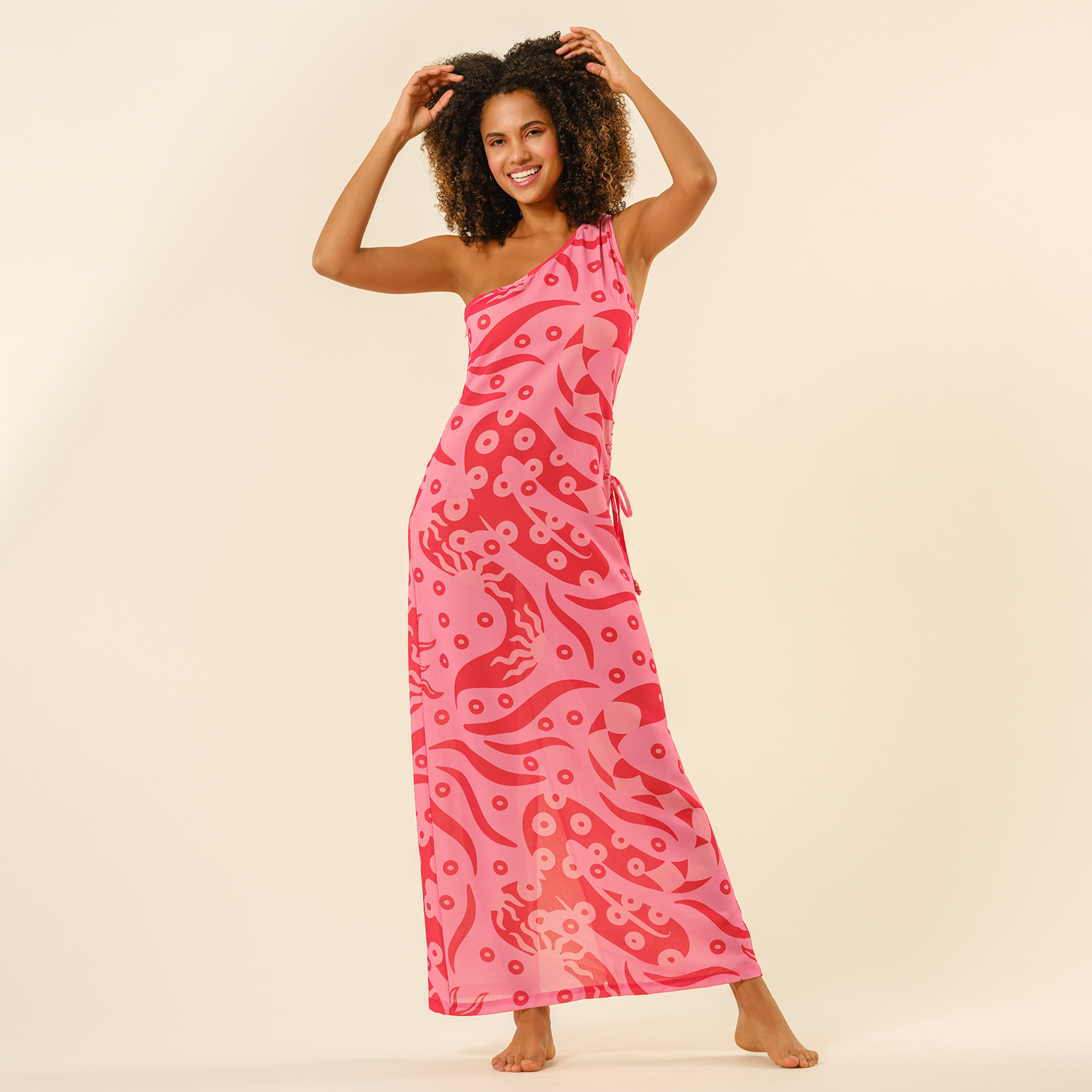 Protı Dijital Baskılı Asimetrik Elbise - Pembe