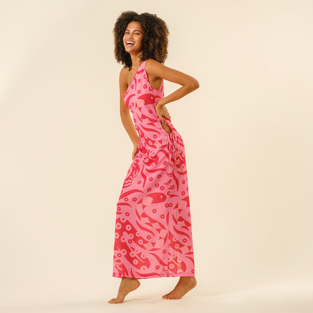 Protı Dijital Baskılı Asimetrik Elbise - Pembe