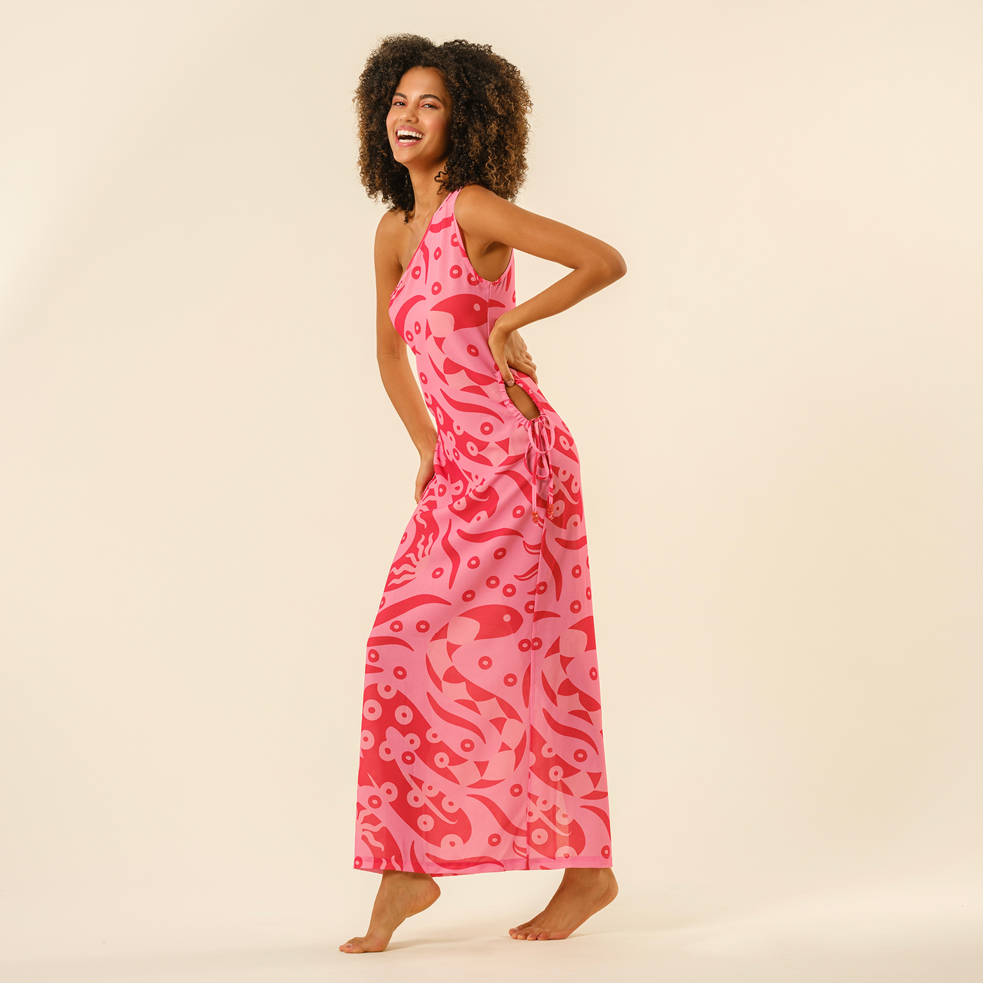 Protı Dijital Baskılı Asimetrik Elbise - Pembe