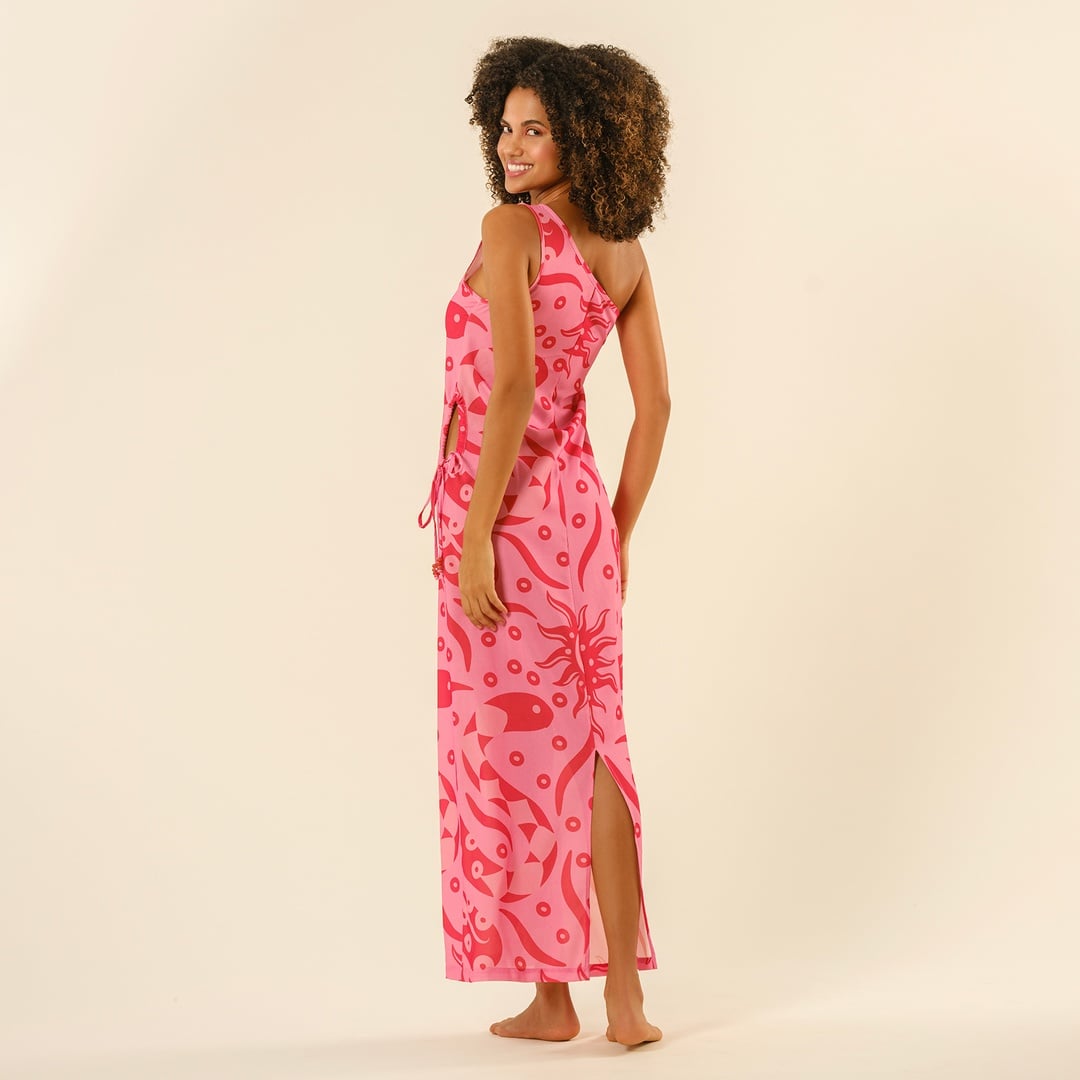 Protı Dijital Baskılı Asimetrik Elbise - Pembe