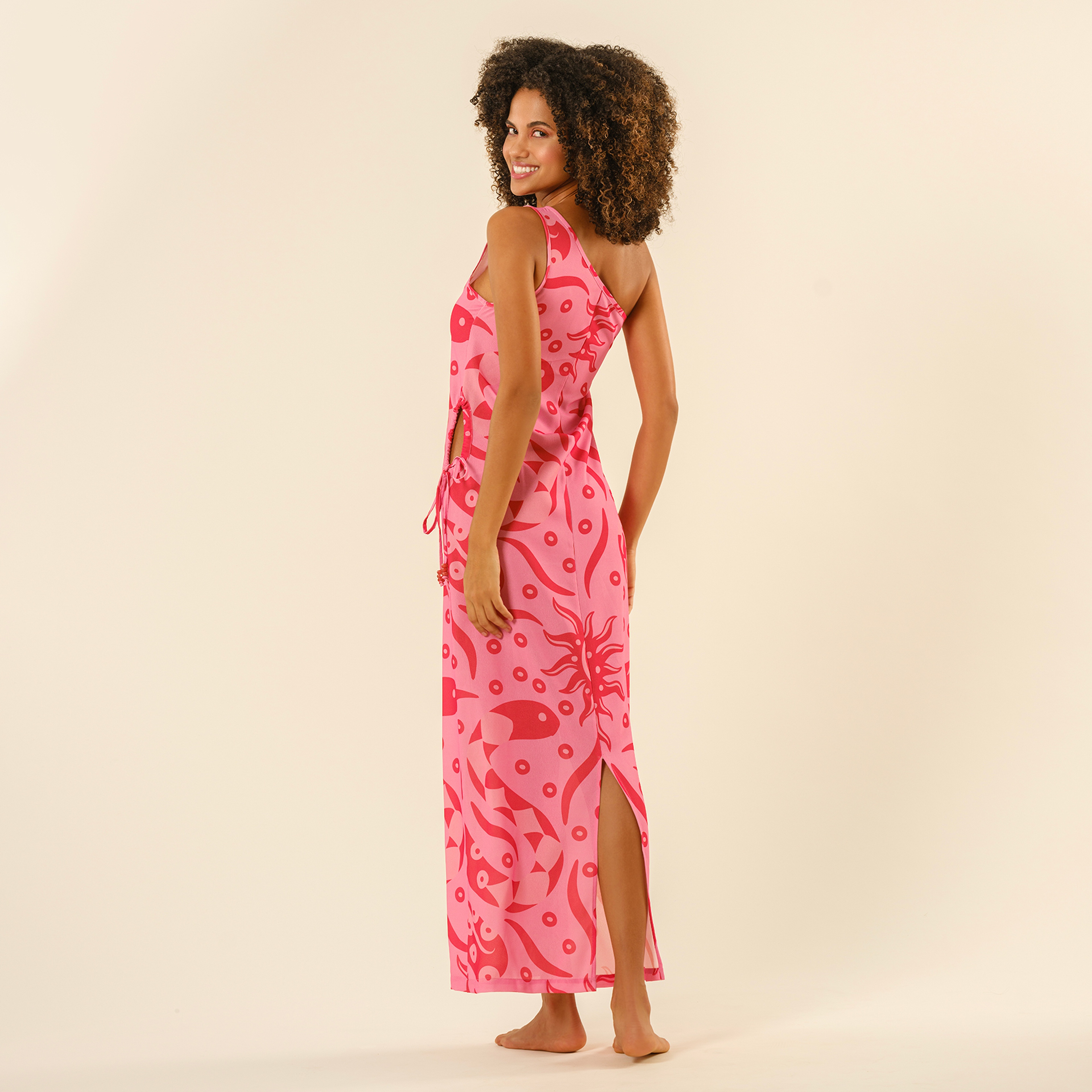 Protı Dijital Baskılı Asimetrik Elbise - Pembe