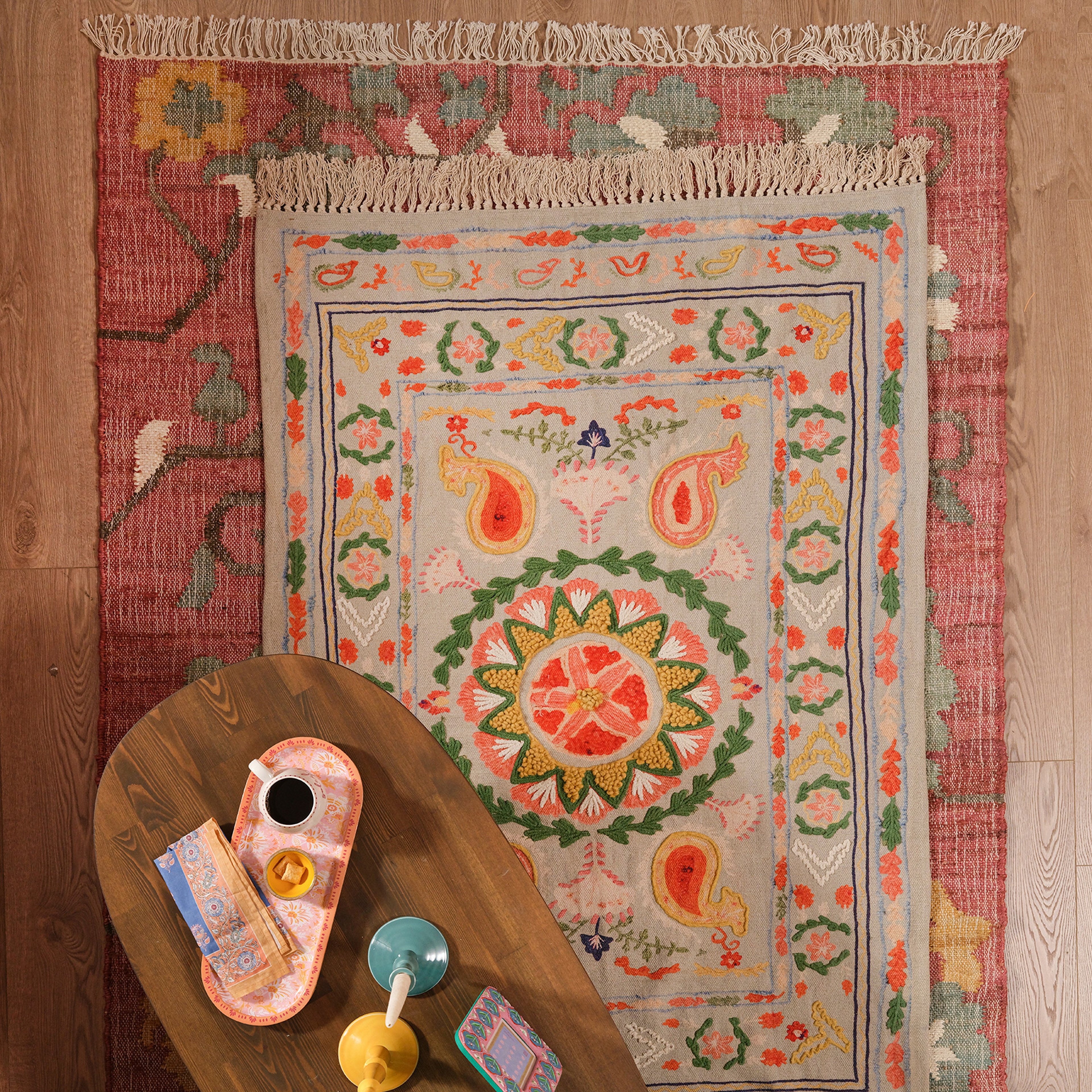 Palrı Baskı Nakışlı Pamuk Pamuk Kilim 80x150 Cm Renkli