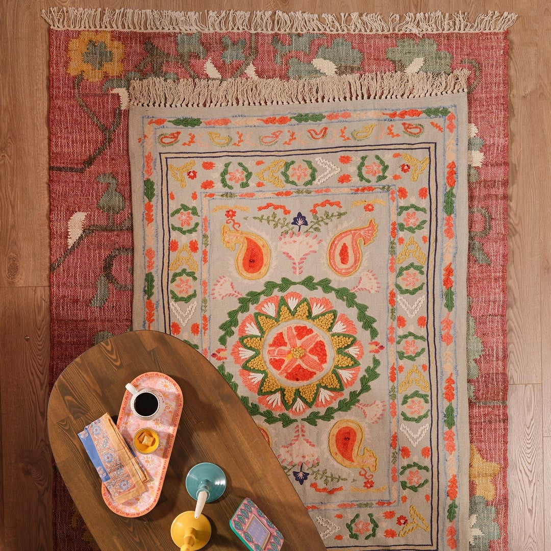 Palrı Baskı Nakışlı Pamuk Pamuk Kilim 160x230 Cm Renkli