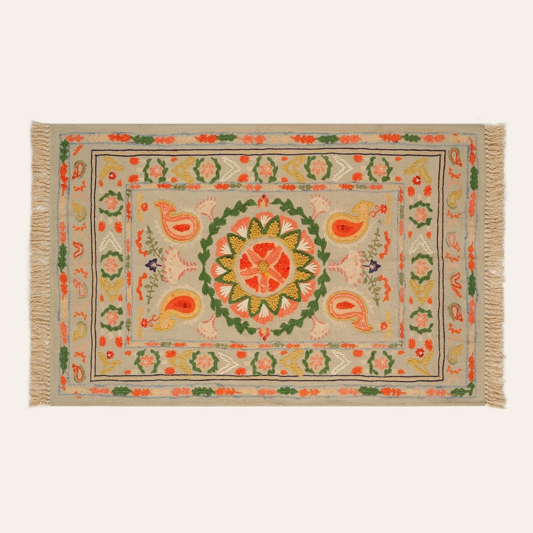 Palrı Baskı Nakışlı Pamuk Pamuk Kilim 160x230 Cm Renkli