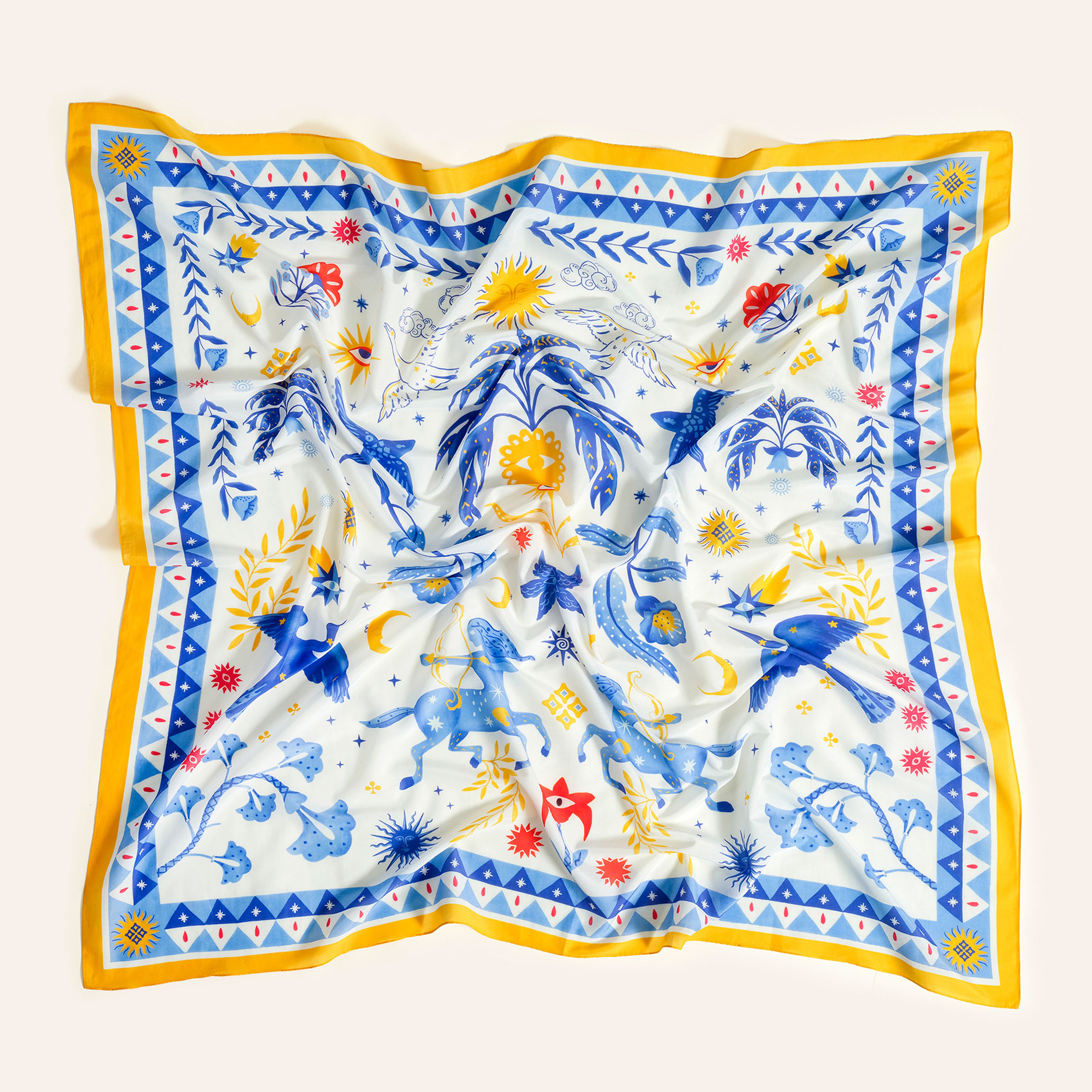 Pera Dijital Baskılı Pamuk Pamuk İpek Pareo 140x140 Cm Beyaz - Mavi