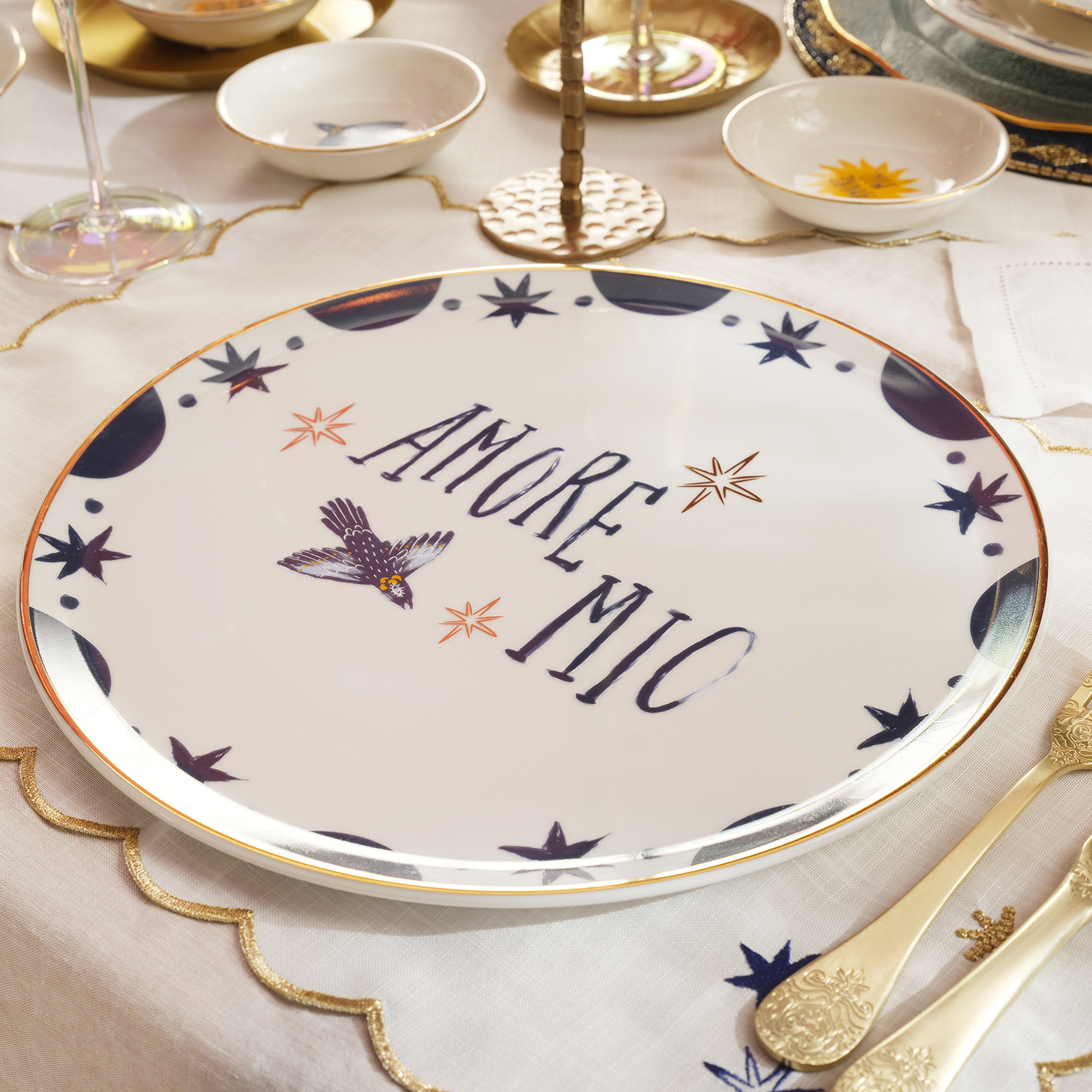 Lublın Porselen Pizza Tabağı 33x33x1.5 Cm Lacıvert - Sarı