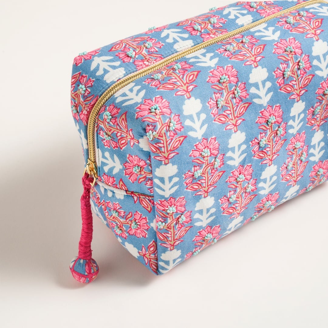 Delhı Nakışlı El Baskısı Pamuk Makyaj Çantası 21x14 Cm Mavi