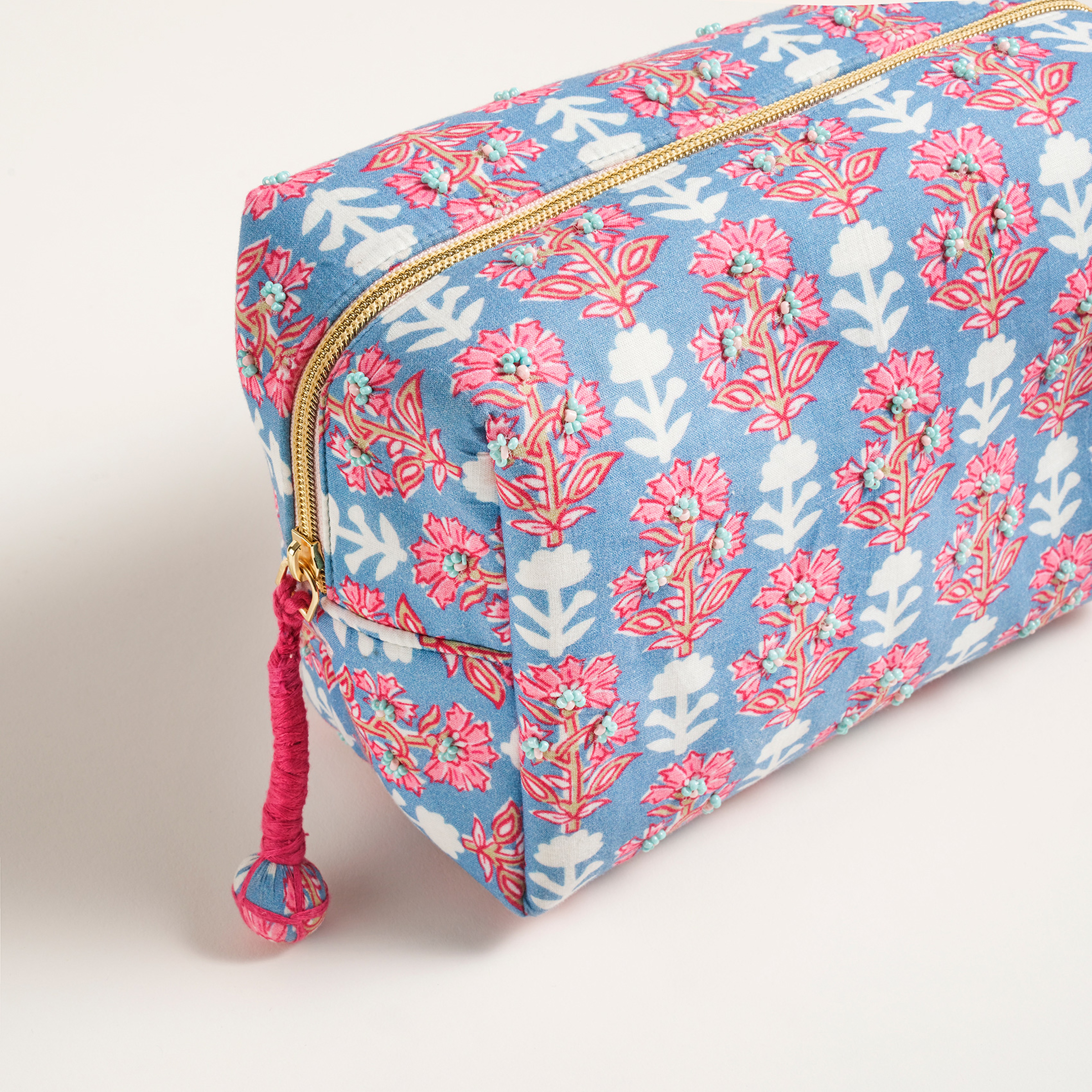 Delhı Nakışlı El Baskısı Pamuk Makyaj Çantası 21x14 Cm Mavi