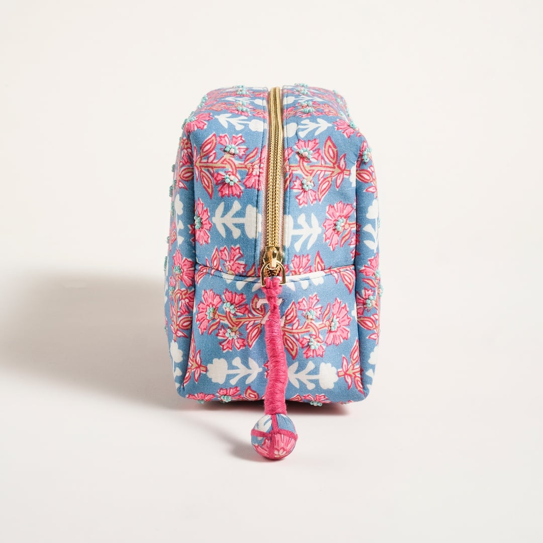 Delhı Nakışlı El Baskısı Pamuk Makyaj Çantası 21x14 Cm Mavi