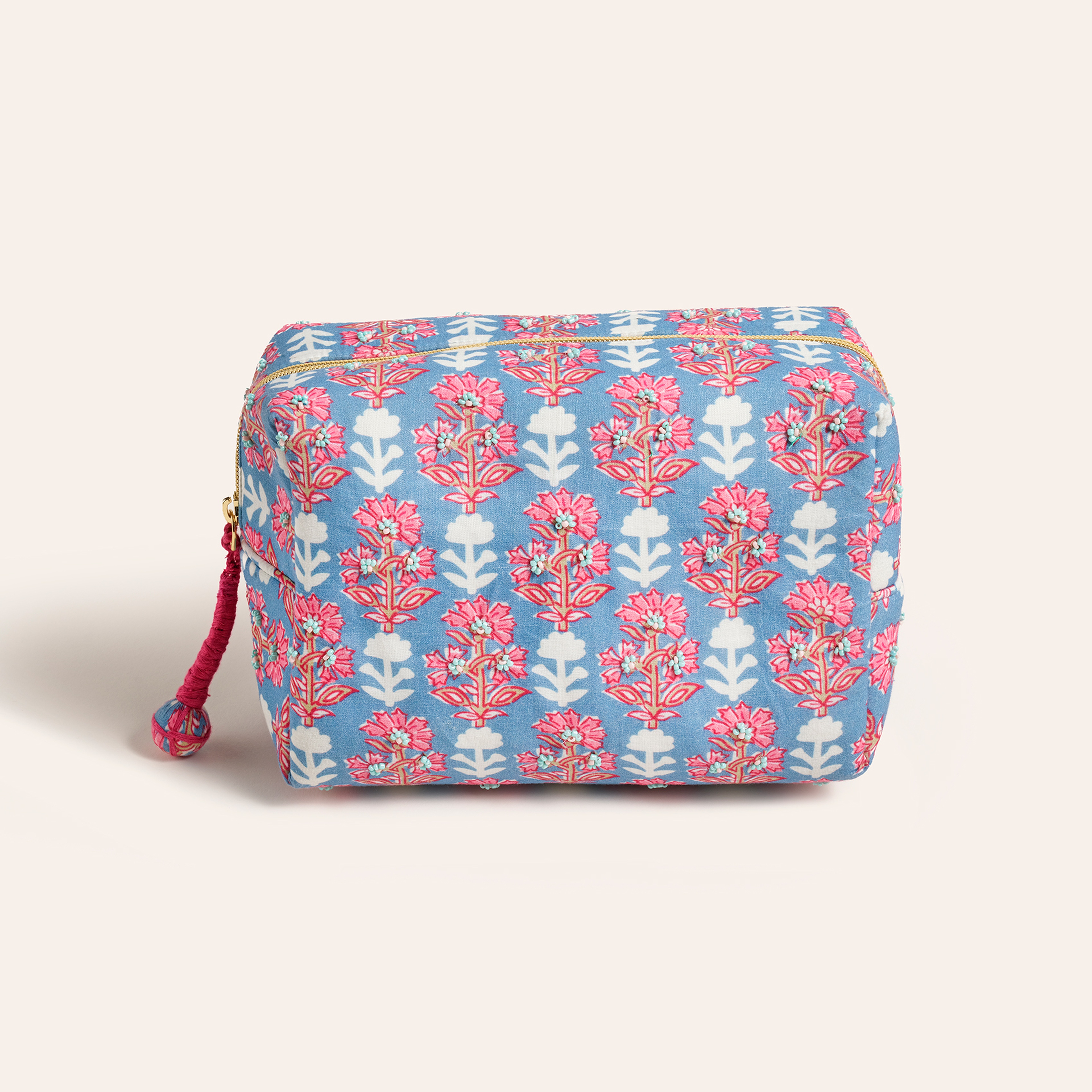 Delhı Nakışlı El Baskısı Pamuk Makyaj Çantası 21x14 Cm Mavi