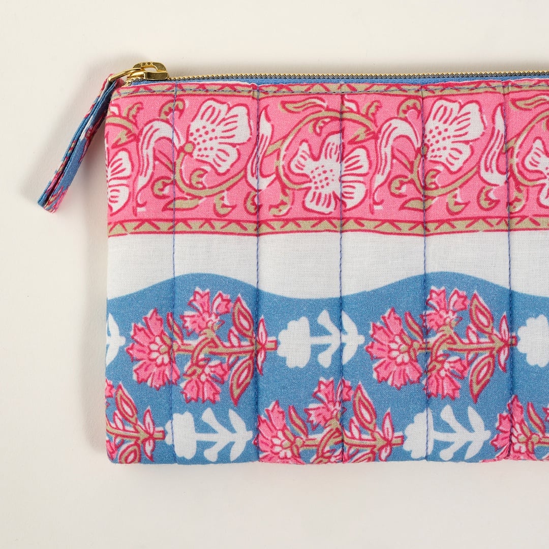 Delhı El Baskısı Pamuk Makyaj Çantası 12x18 Cm Mavi