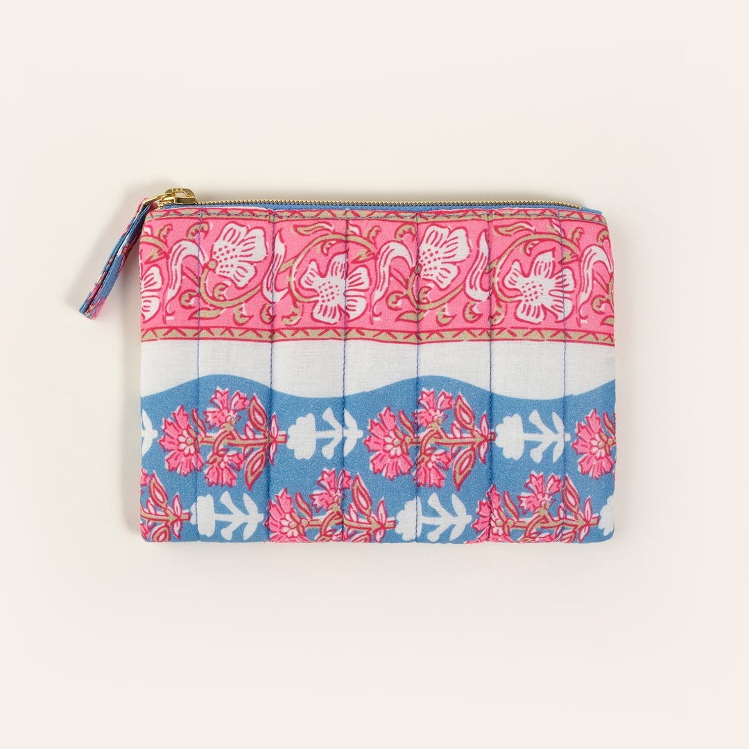 Delhı El Baskısı Pamuk Makyaj Çantası 12x18 Cm Mavi