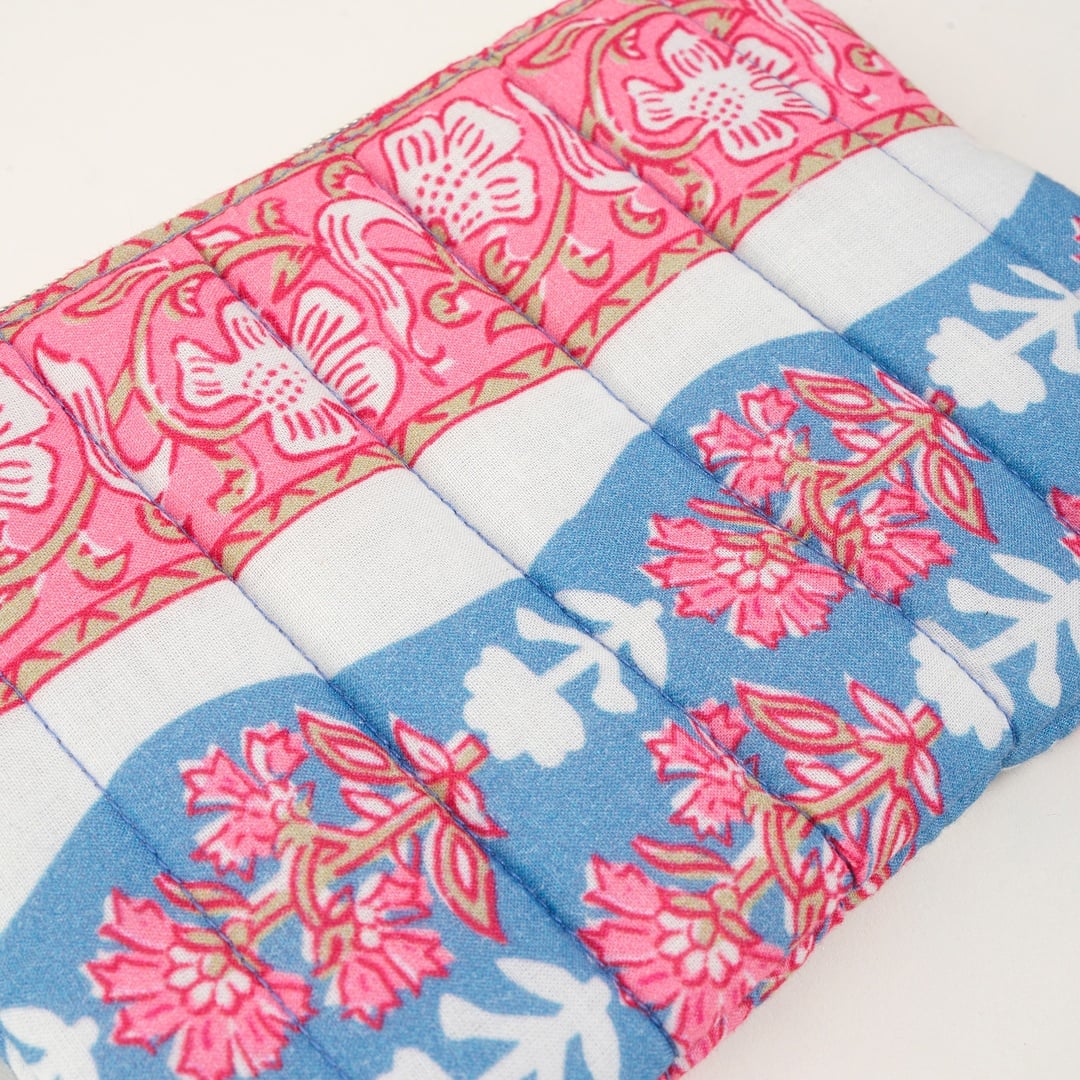 Delhı El Baskısı Pamuk Makyaj Çantası 12x18 Cm Mavi