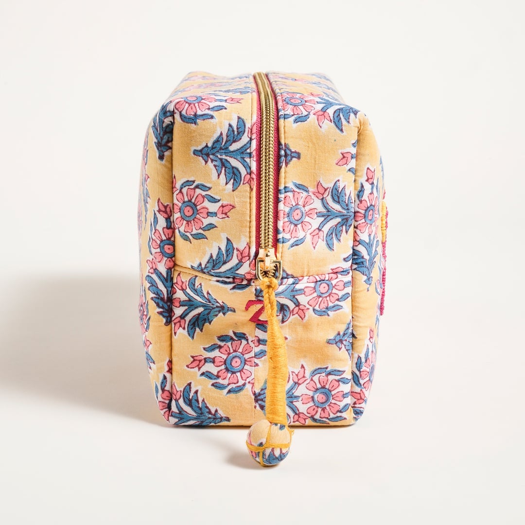 Delhı Nakışlı El Baskısı Pamuk Makyaj Çantası 25x16 Cm Sarı