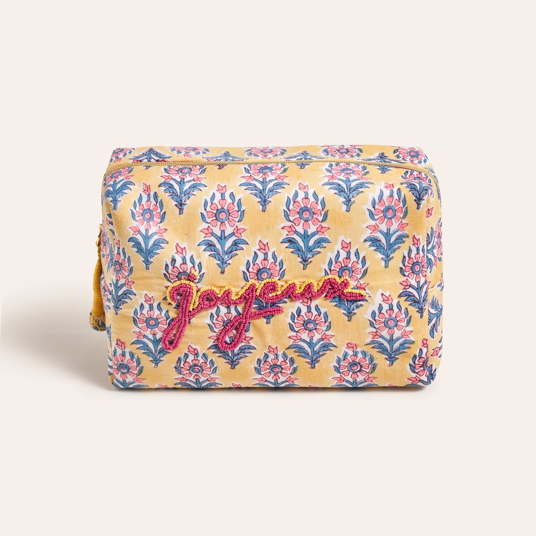 Delhı Nakışlı El Baskısı Pamuk Makyaj Çantası 25x16 Cm Sarı