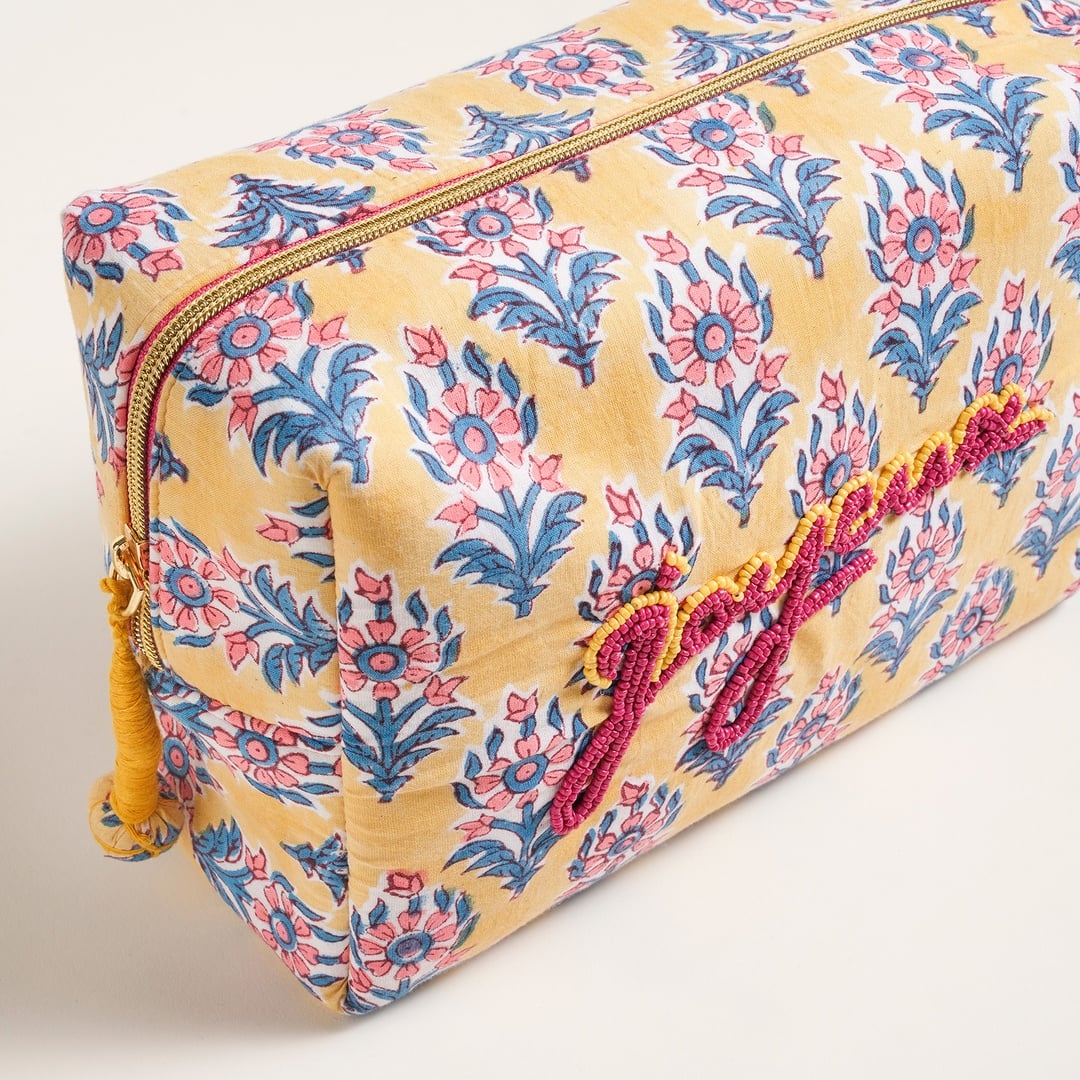 Delhı Nakışlı El Baskısı Pamuk Makyaj Çantası 25x16 Cm Sarı