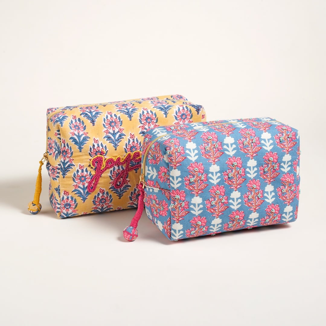 Delhı Nakışlı El Baskısı Pamuk Makyaj Çantası 25x16 Cm Sarı