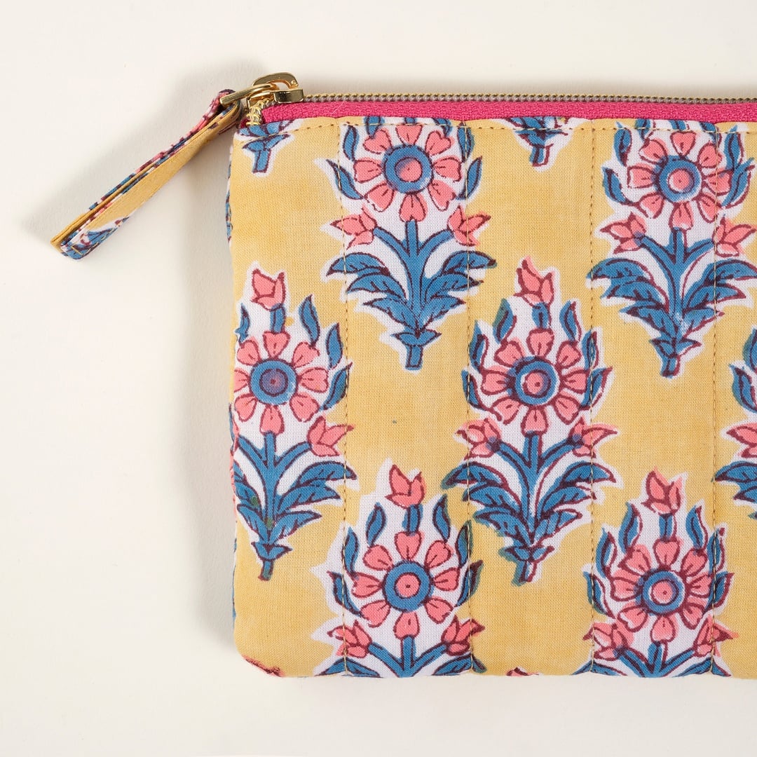 Delhı El Baskısı Pamuk Makyaj Çantası 12x18 Cm Sarı