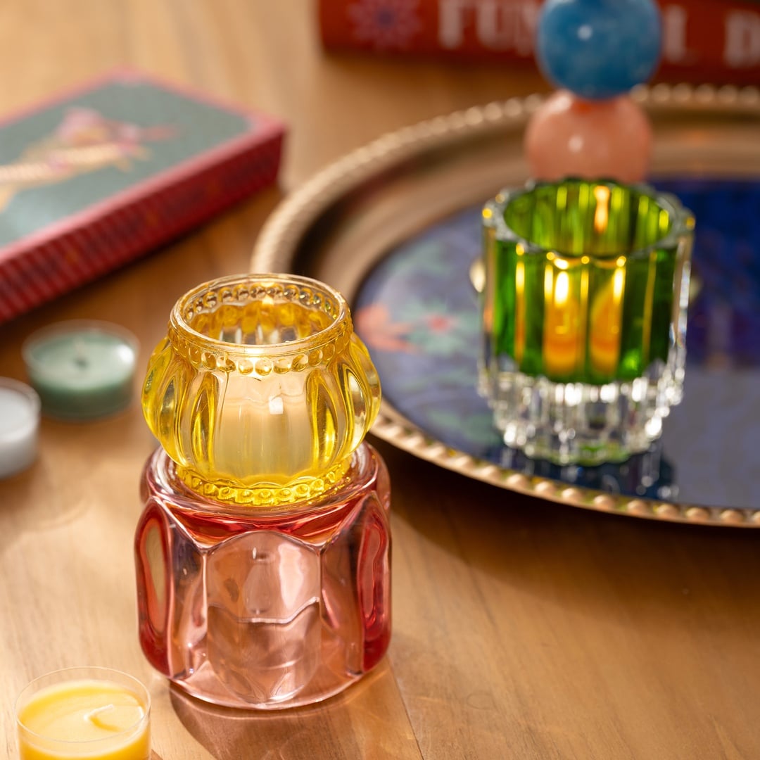 Nanjıng Cam Mumluk 8x8x11 Cm Pembe - Sarı