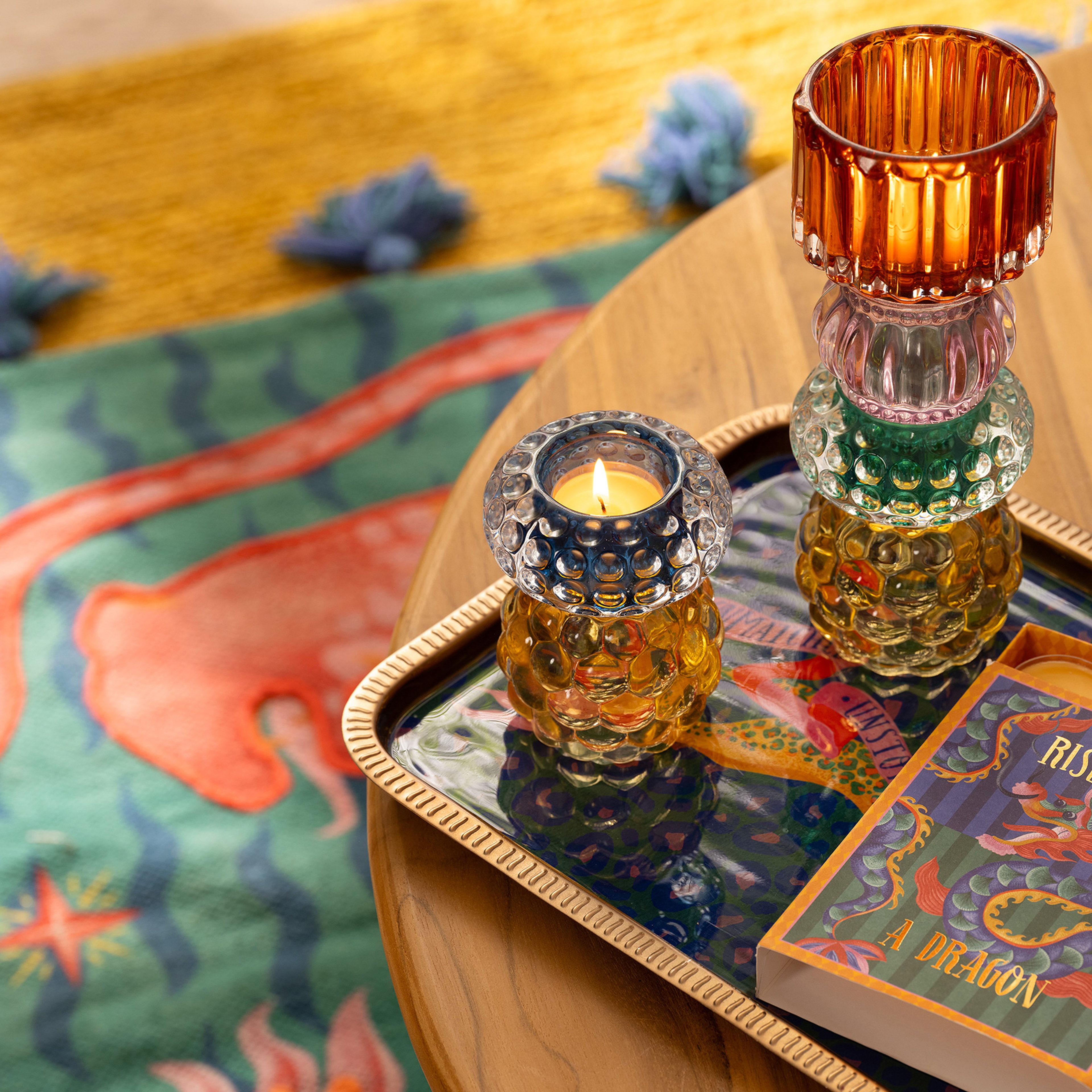 Nanjıng Cam Mumluk 8x8x11 Cm Sarı - Mavi