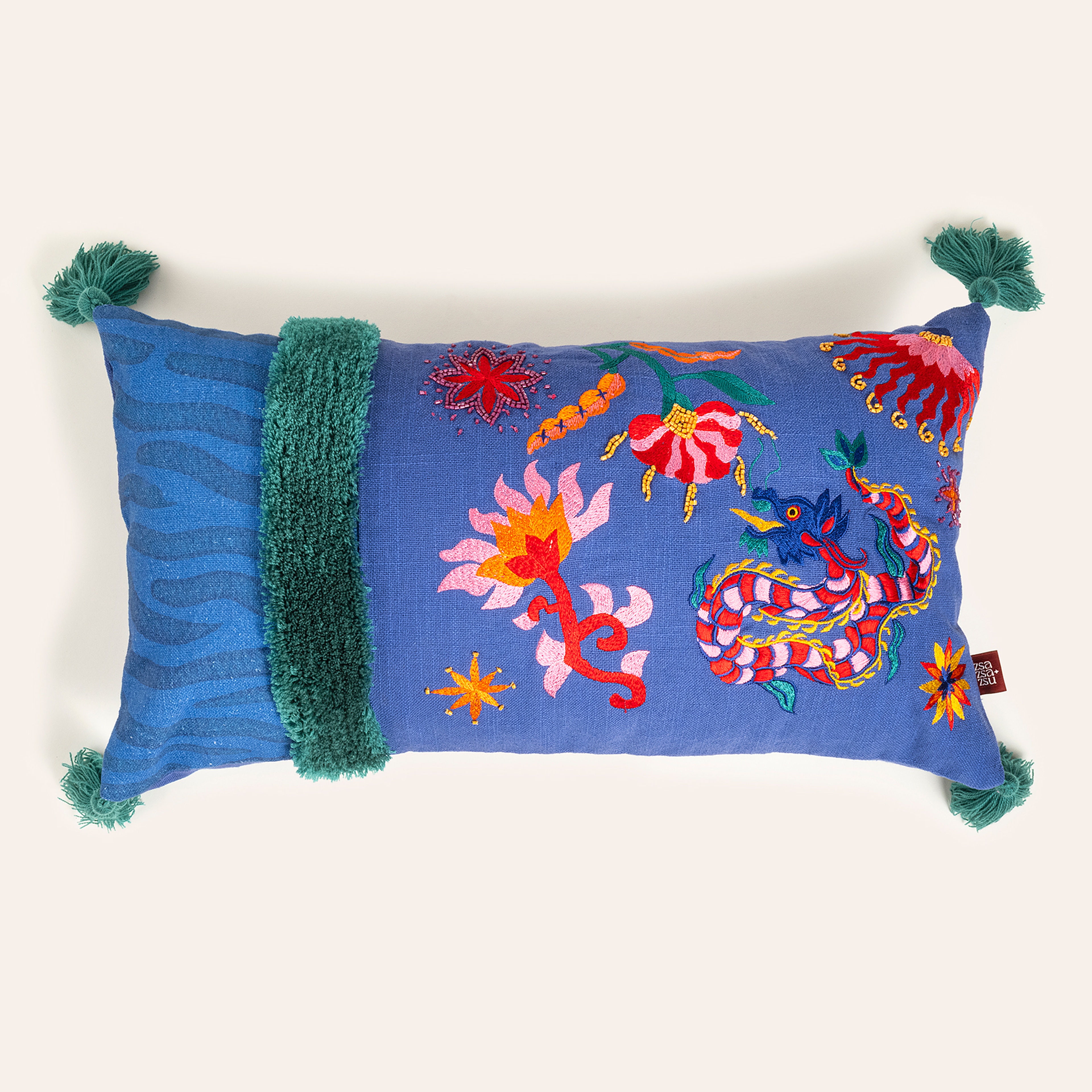 Ghunı Püsküllü Nakışlı Pamuk Dolgulu Kırlent 30x55 Cm Mavi