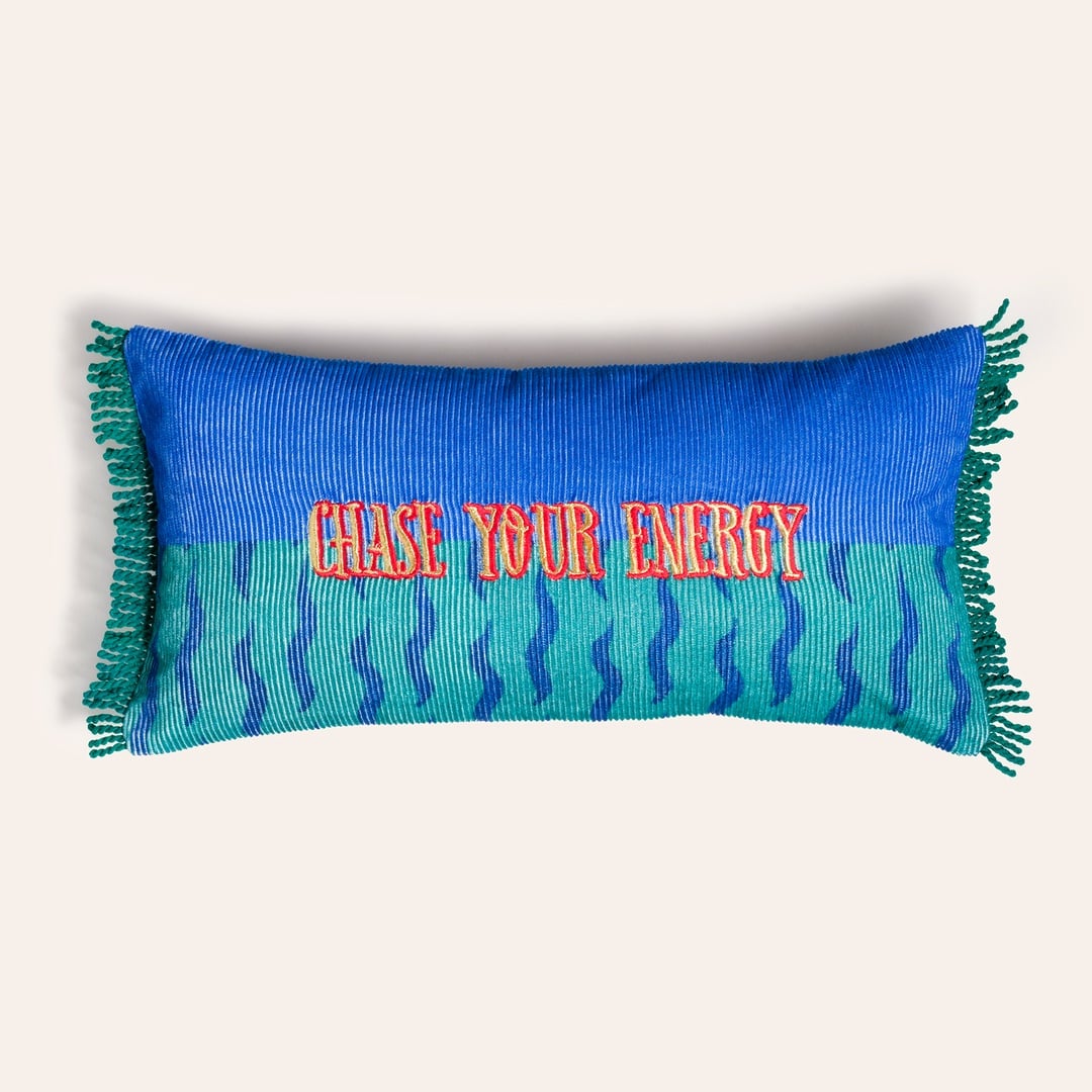 Ghunı Saçaklı Nakışlı Pamuk Dolgulu Kırlent 25x50 Cm Mavi - Yeşil