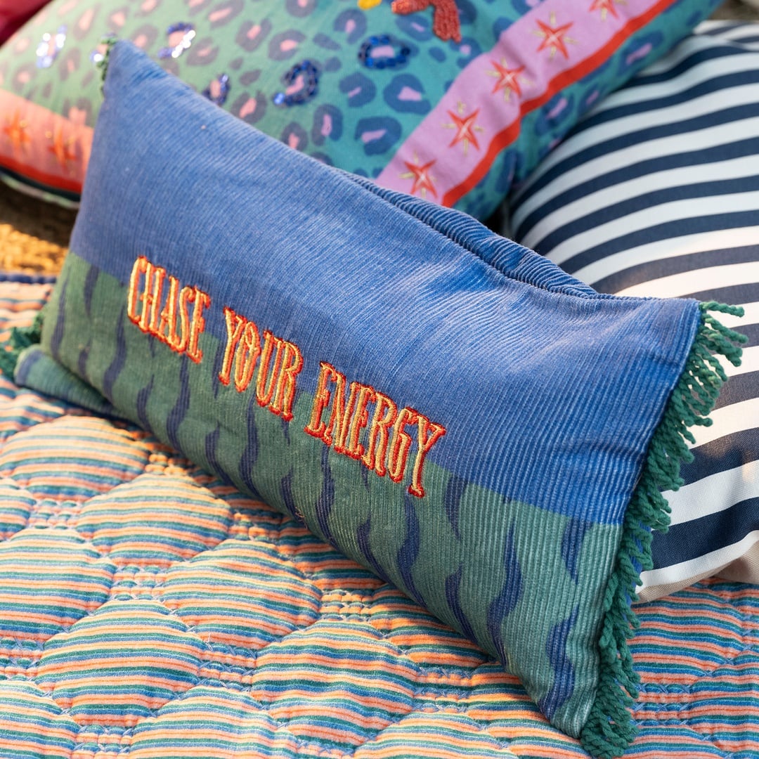 Ghunı Saçaklı Nakışlı Pamuk Dolgulu Kırlent 25x50 Cm Mavi - Yeşil