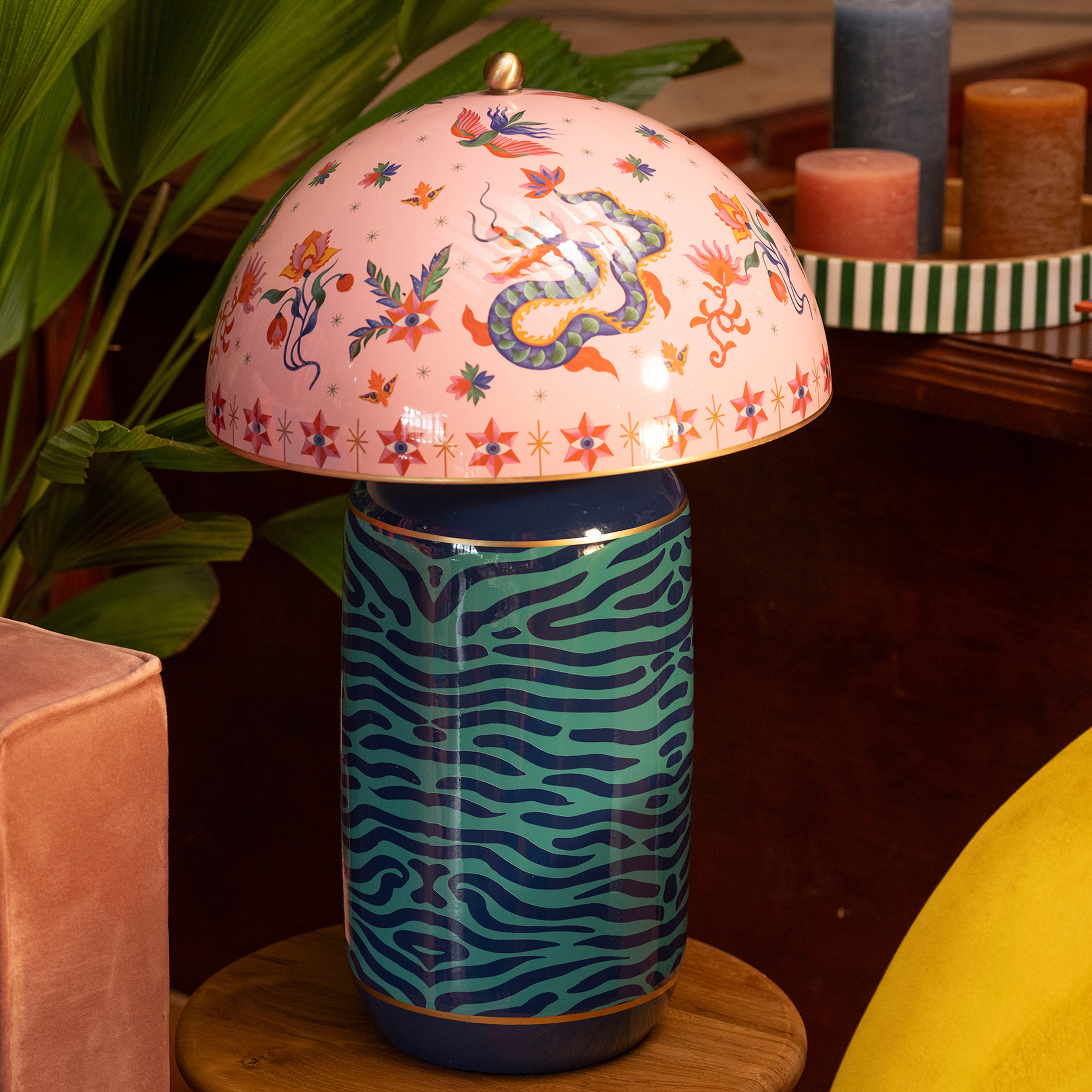 Tanbu Porselen Abajur 38x38x62 Cm Pembe - Yeşil