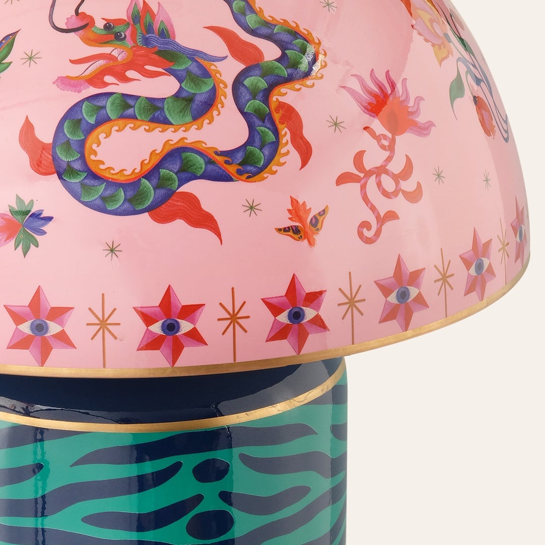 Tanbu Porselen Abajur 38x38x62 Cm Pembe - Yeşil