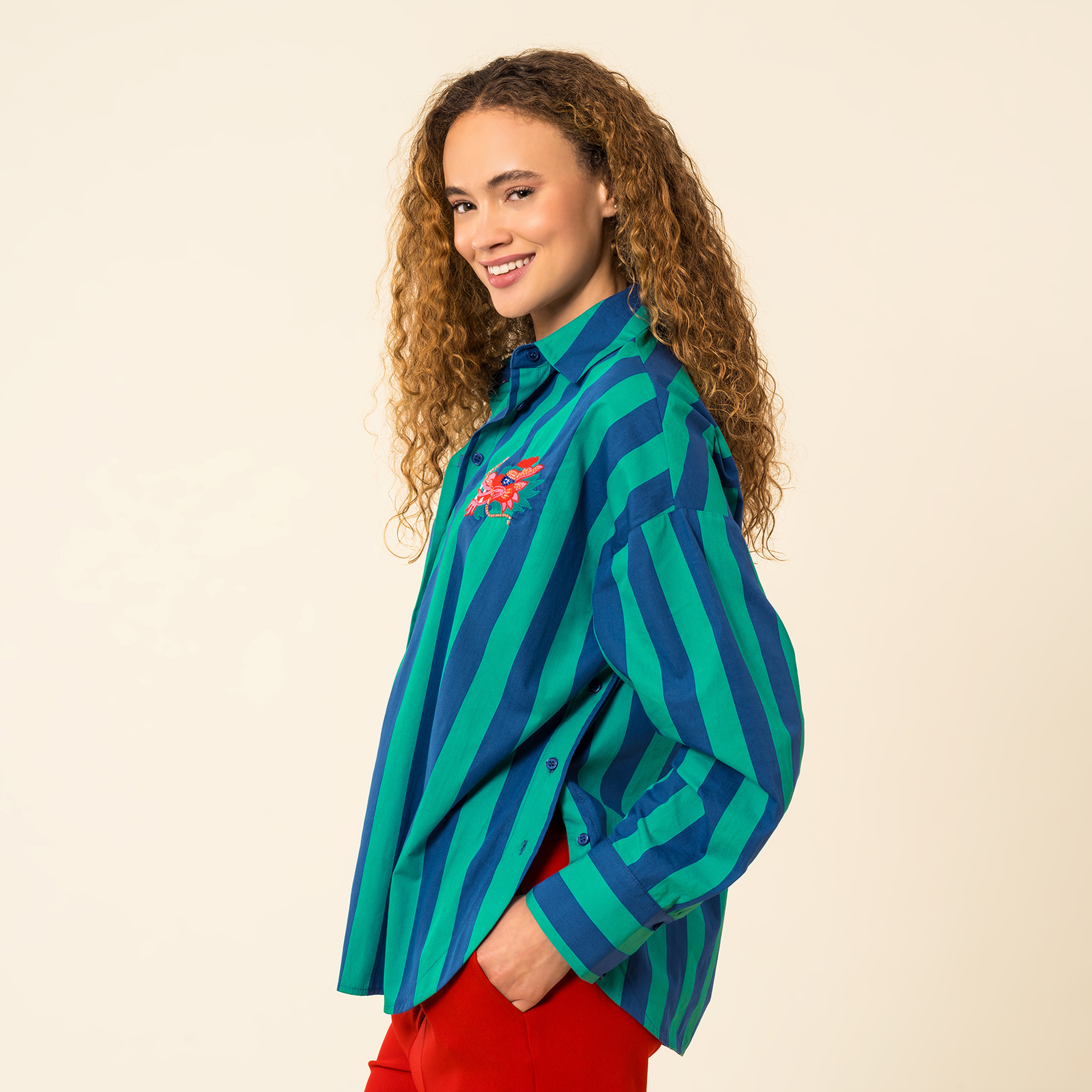 Protı Çizgili Poplin Gömlek - Lacıvert - Yeşil