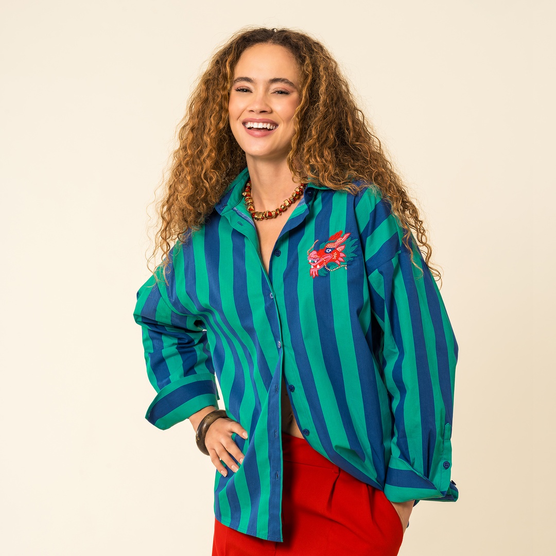 Protı Çizgili Poplin Gömlek - Lacıvert - Yeşil