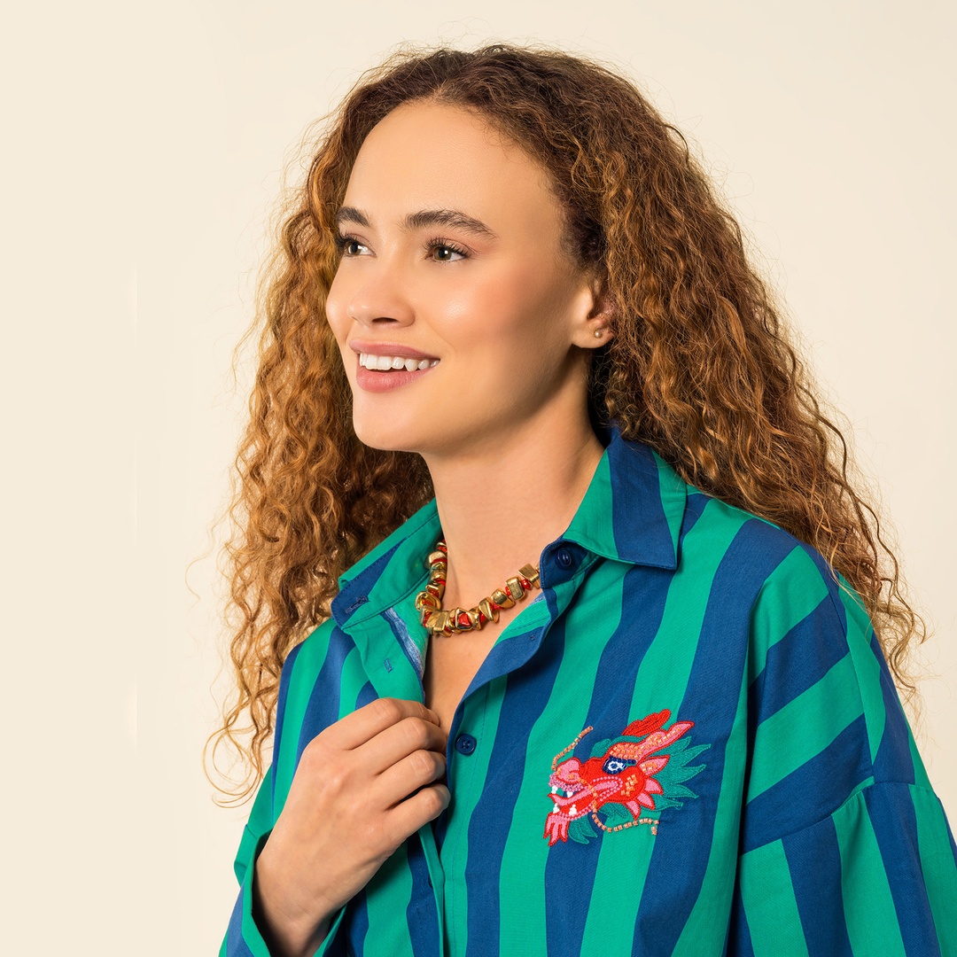 Protı Çizgili Poplin Gömlek - Lacıvert - Yeşil