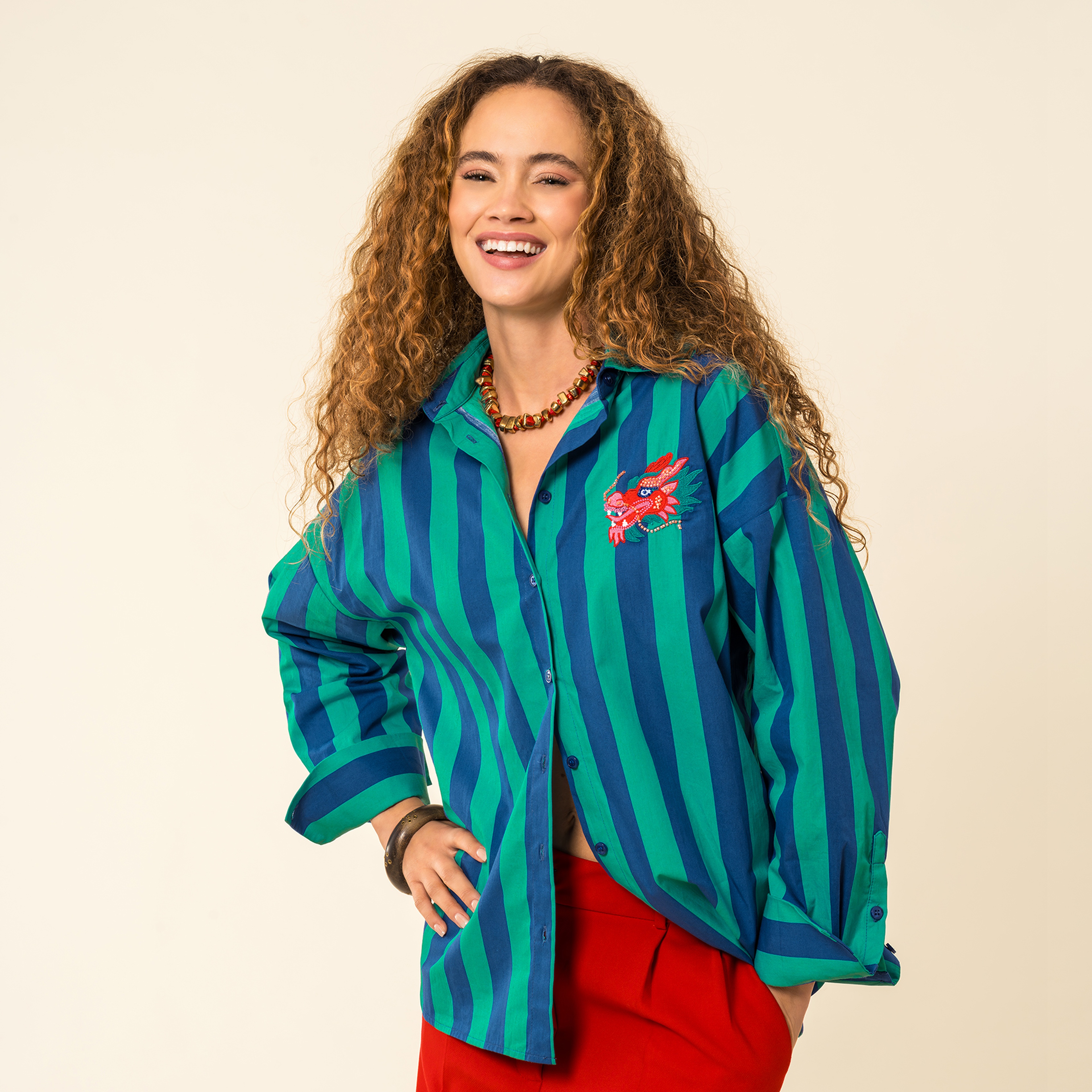 Protı Çizgili Poplin Gömlek - Lacıvert - Yeşil