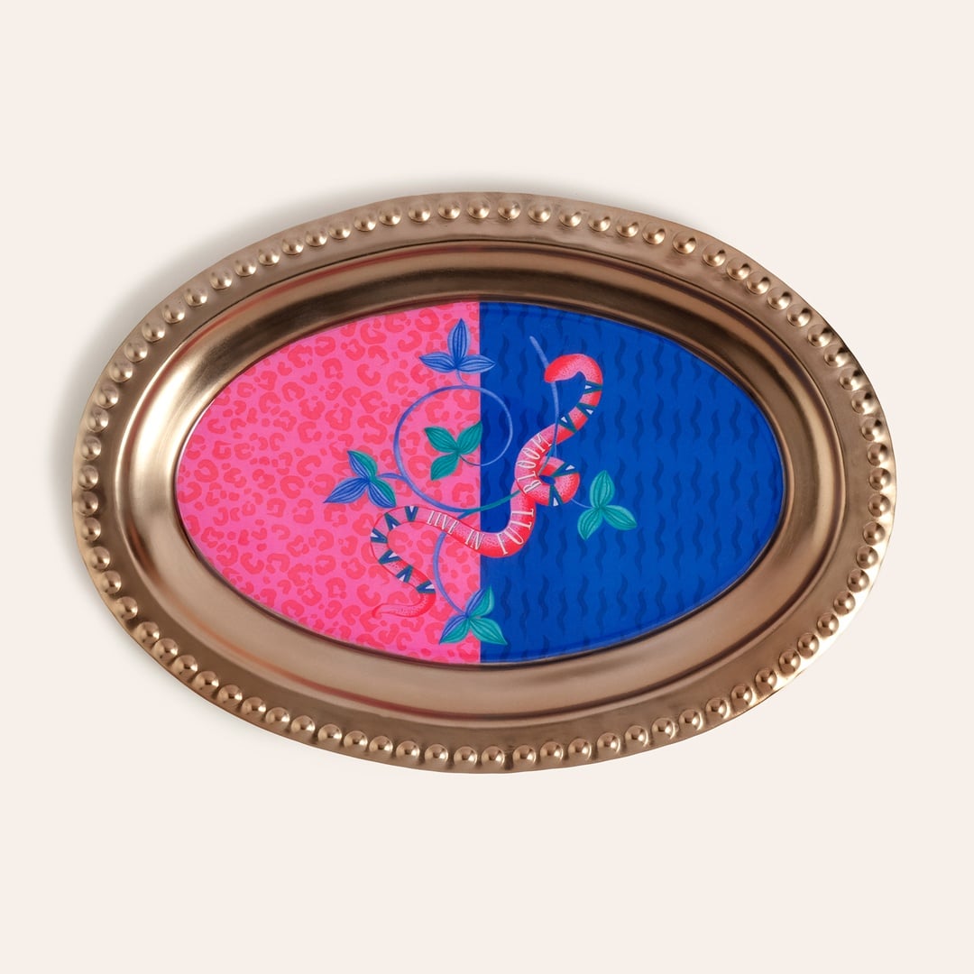 Nanpur Metal Dekoratif Tepsi 30x20x2 Cm Mavi - Pembe