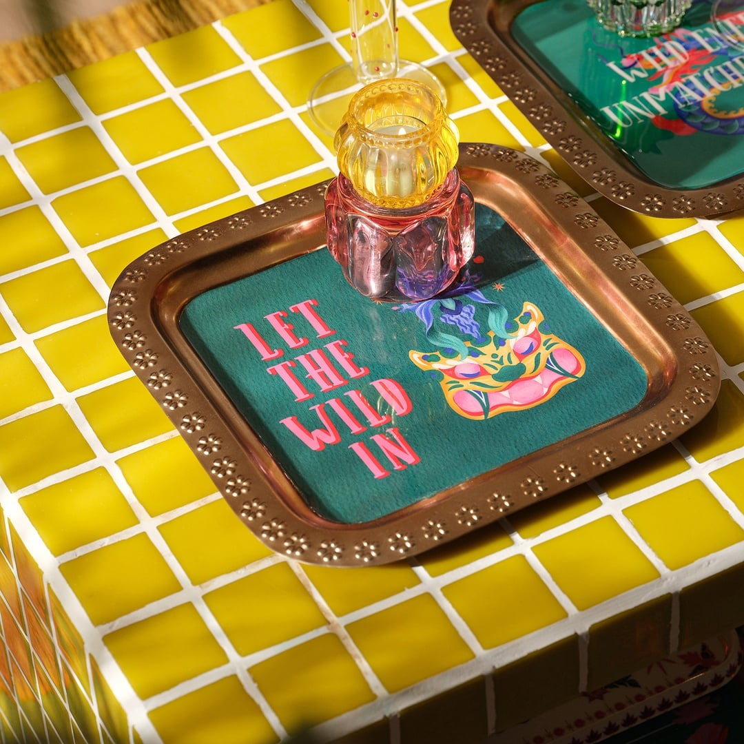 Nanpur Metal Dekoratif Tepsi 28x28x1 Cm Yeşil - Pembe