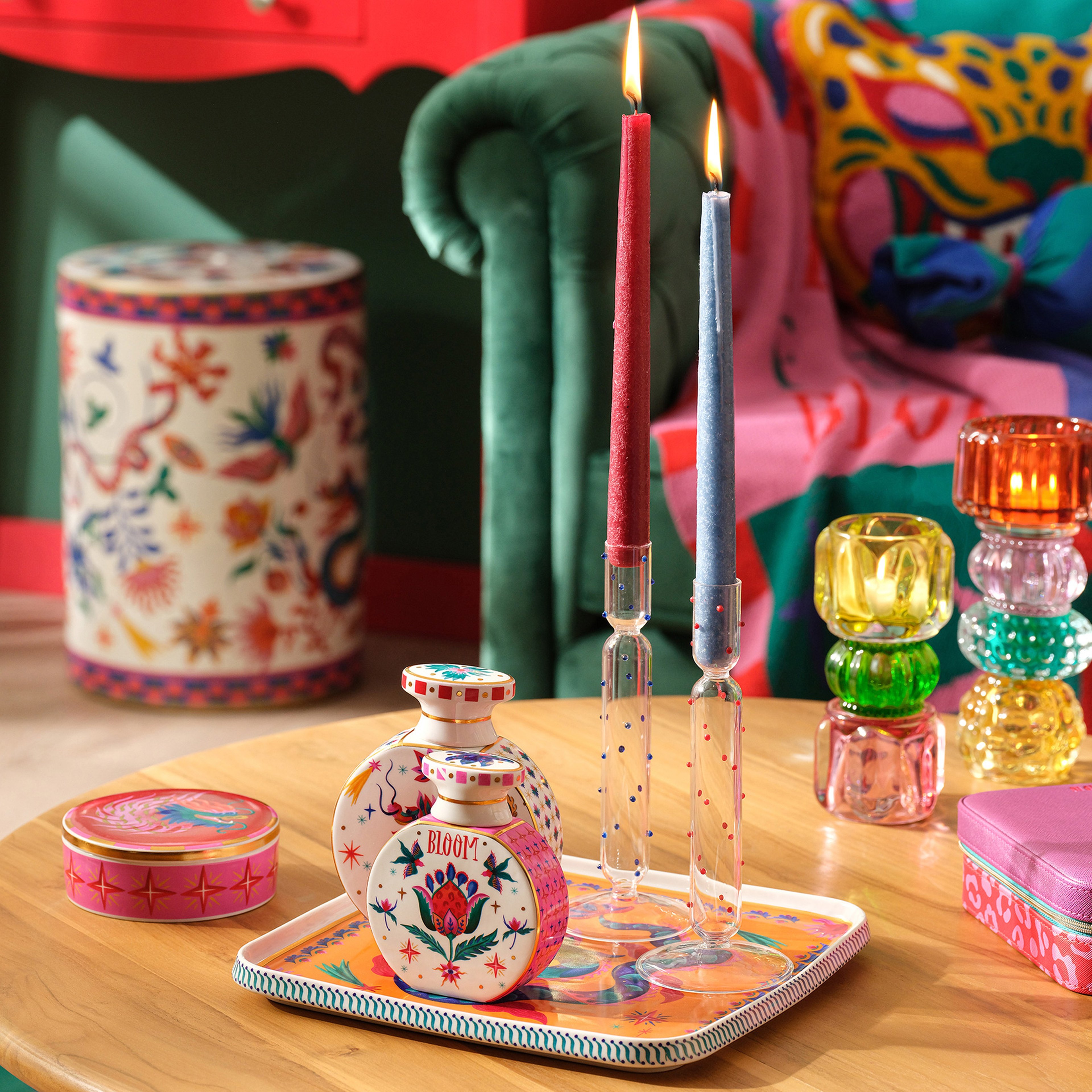 Henan Borosilikat Cam Şamdan 21 Cm Şeffaf- Kırmızı