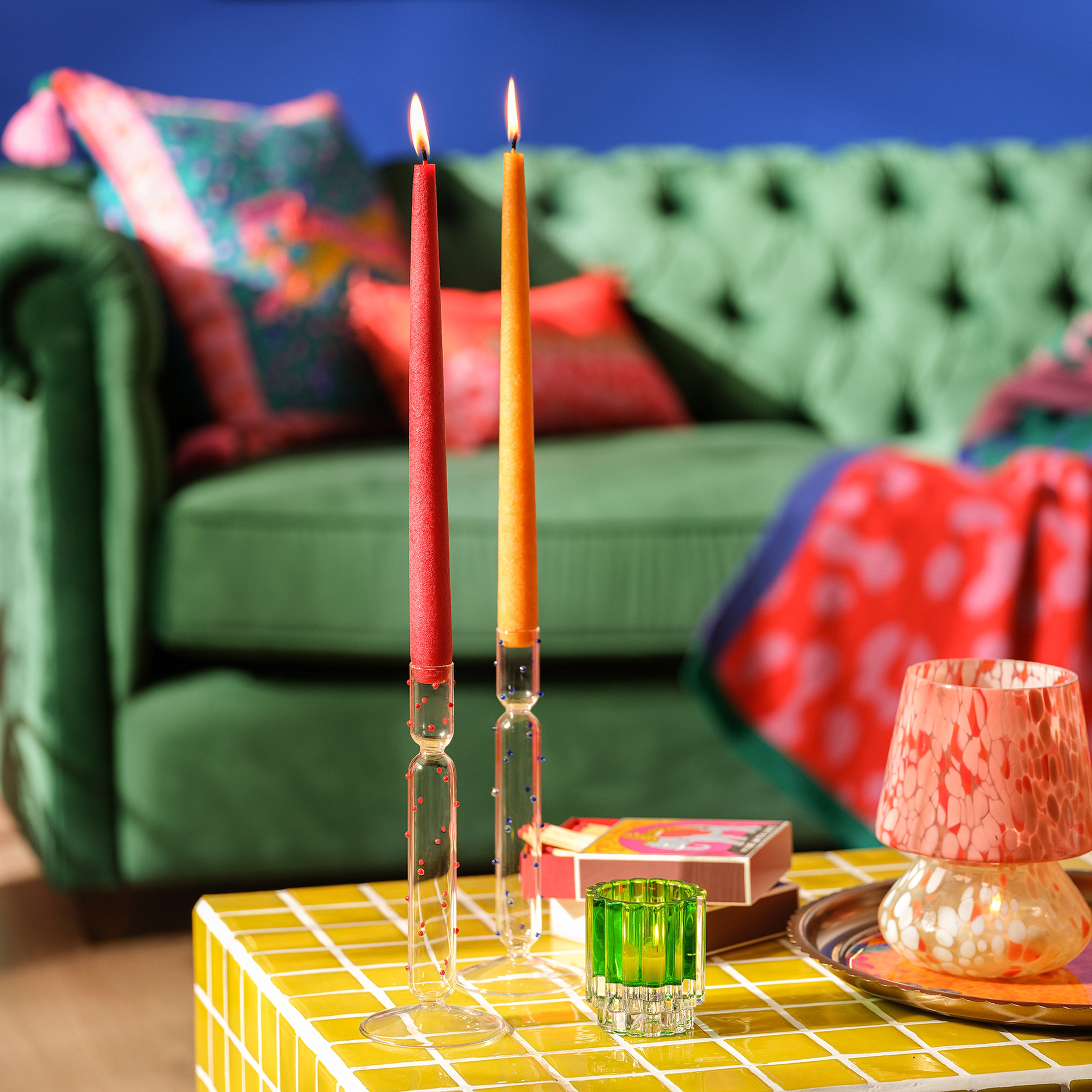 Henan Borosilikat Cam Şamdan 21 Cm Şeffaf- Kırmızı