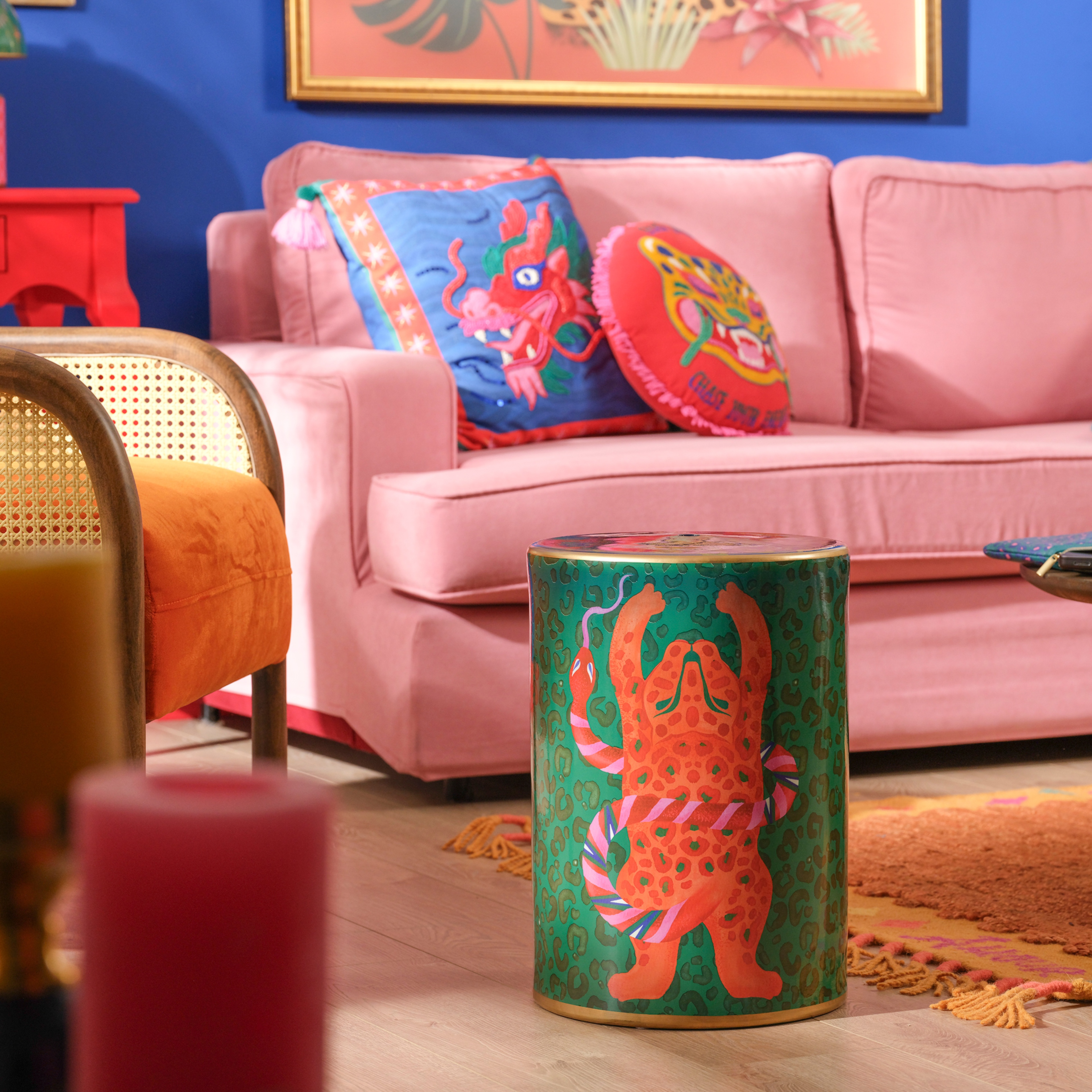 Tanbu Porselen Tabure 31x31x44 Cm Yeşil - Turuncu