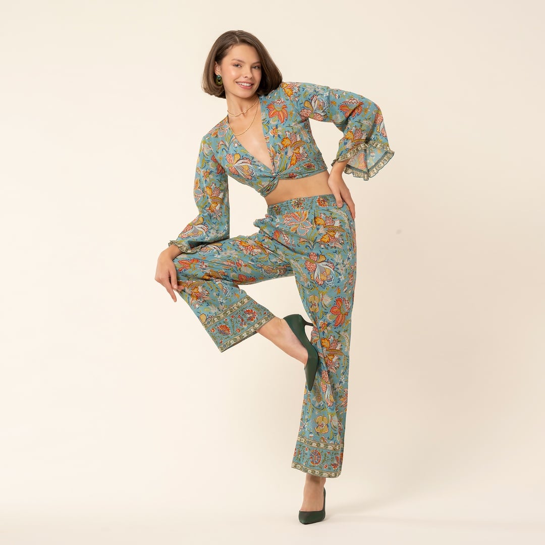 Gaya El Baskısı Pantolon - Turkuaz