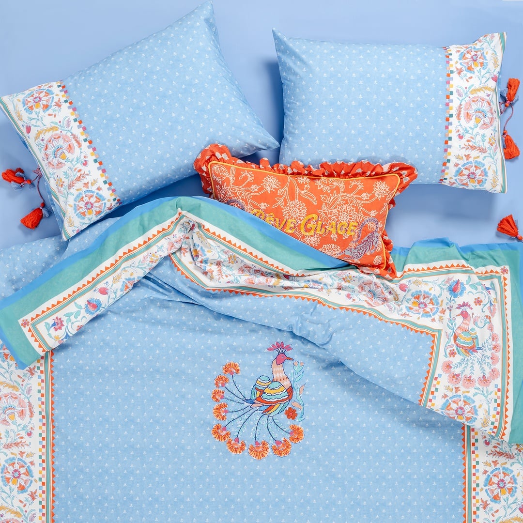 Sansad 200 Tc Püsküllü El İşi Nakışlı Çift Kişilik Pamuk Nevresim Takımı 200x220 Cm Mavi