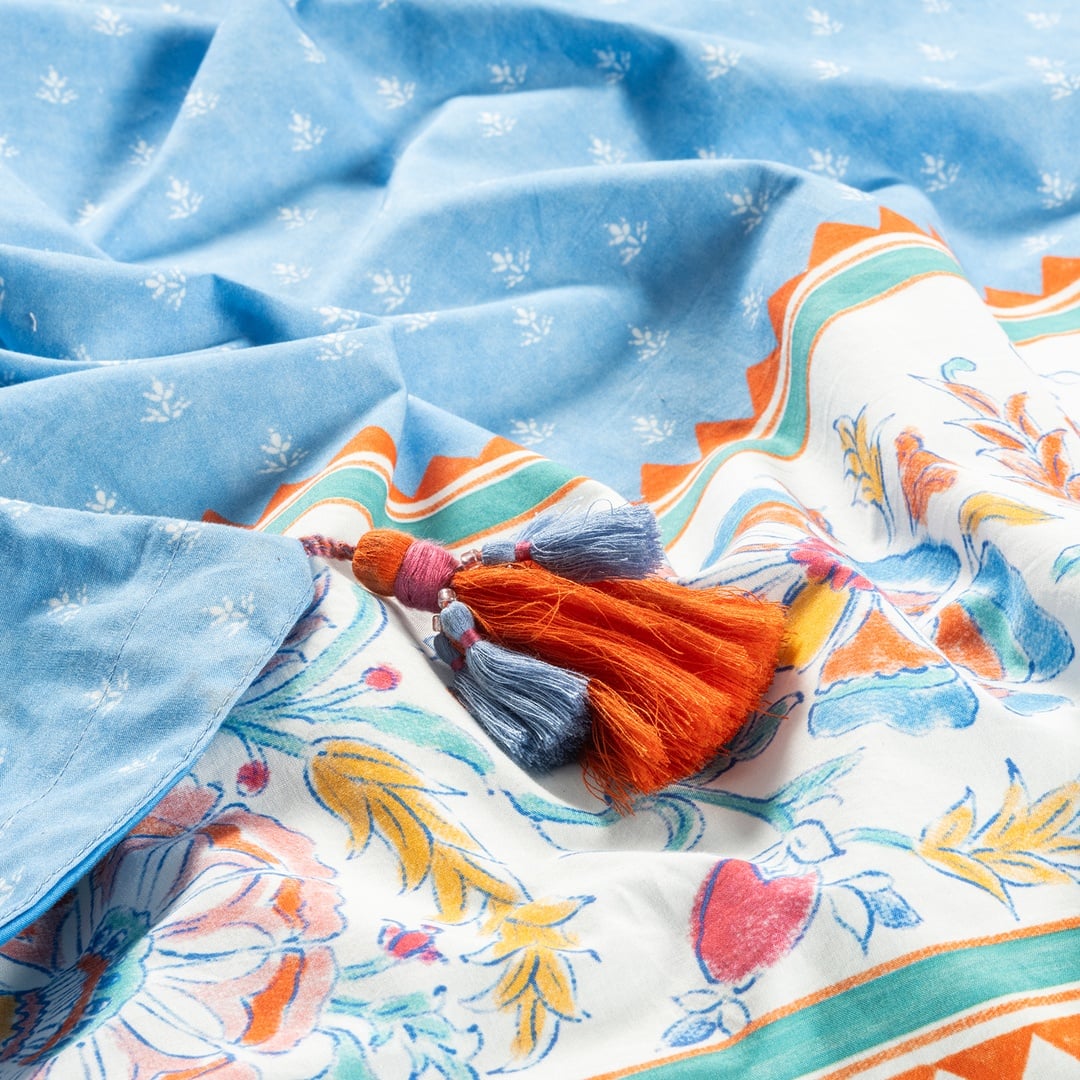 Sansad 200 Tc Püsküllü El İşi Nakışlı Çift Kişilik Pamuk Nevresim Takımı 200x220 Cm Mavi